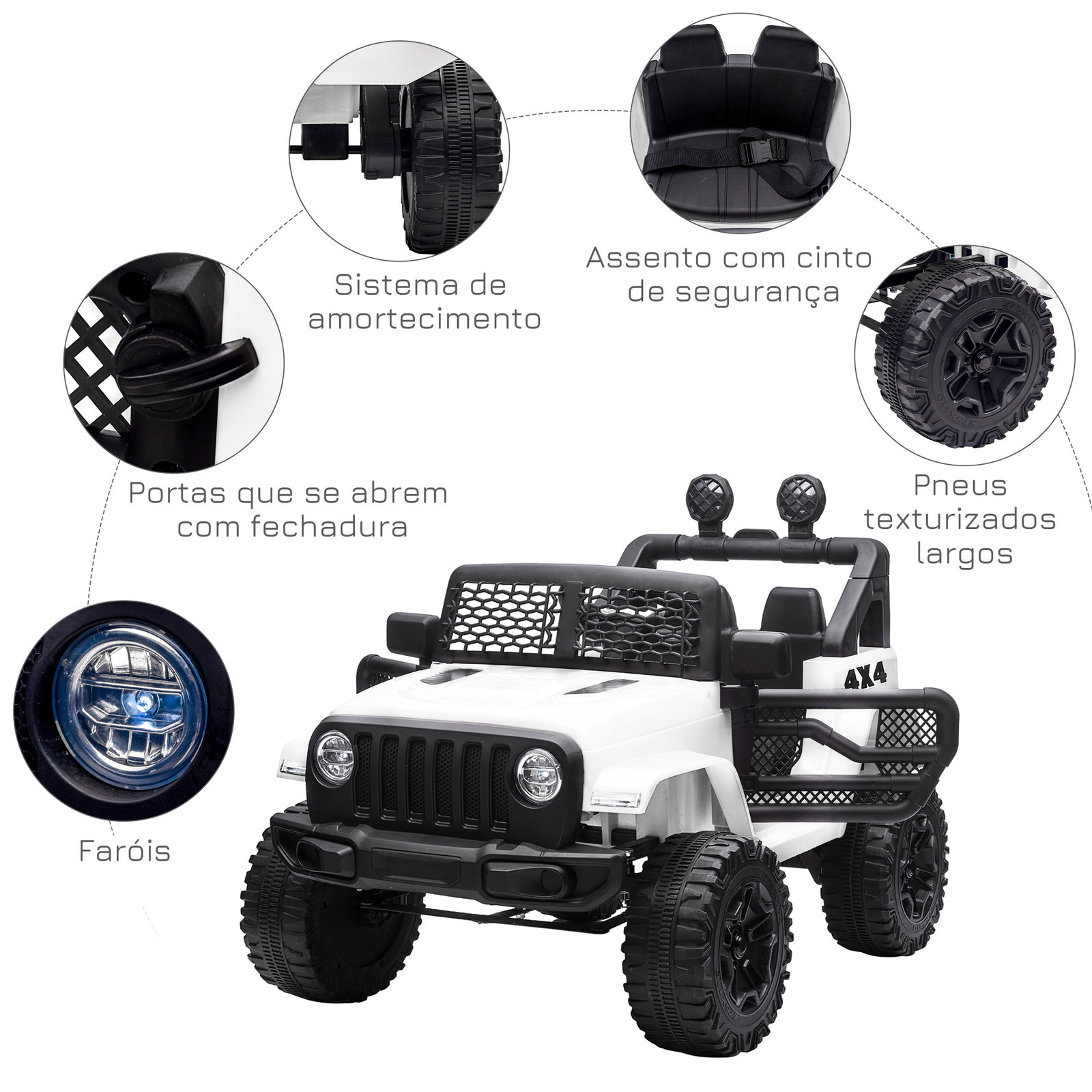 Carro elétrico infantil bateria 12v com 2 motores controle remoto 2.4g luzes buzina velocidade ajustável 100x65x72cm branco