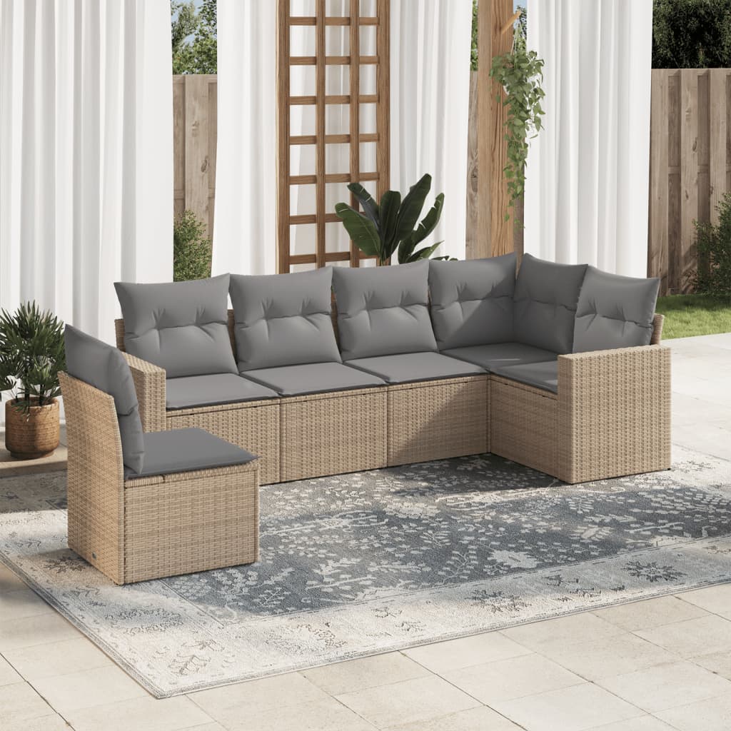 6 Pcs conjunto de sofás p/ jardim com almofadões vime PE bege