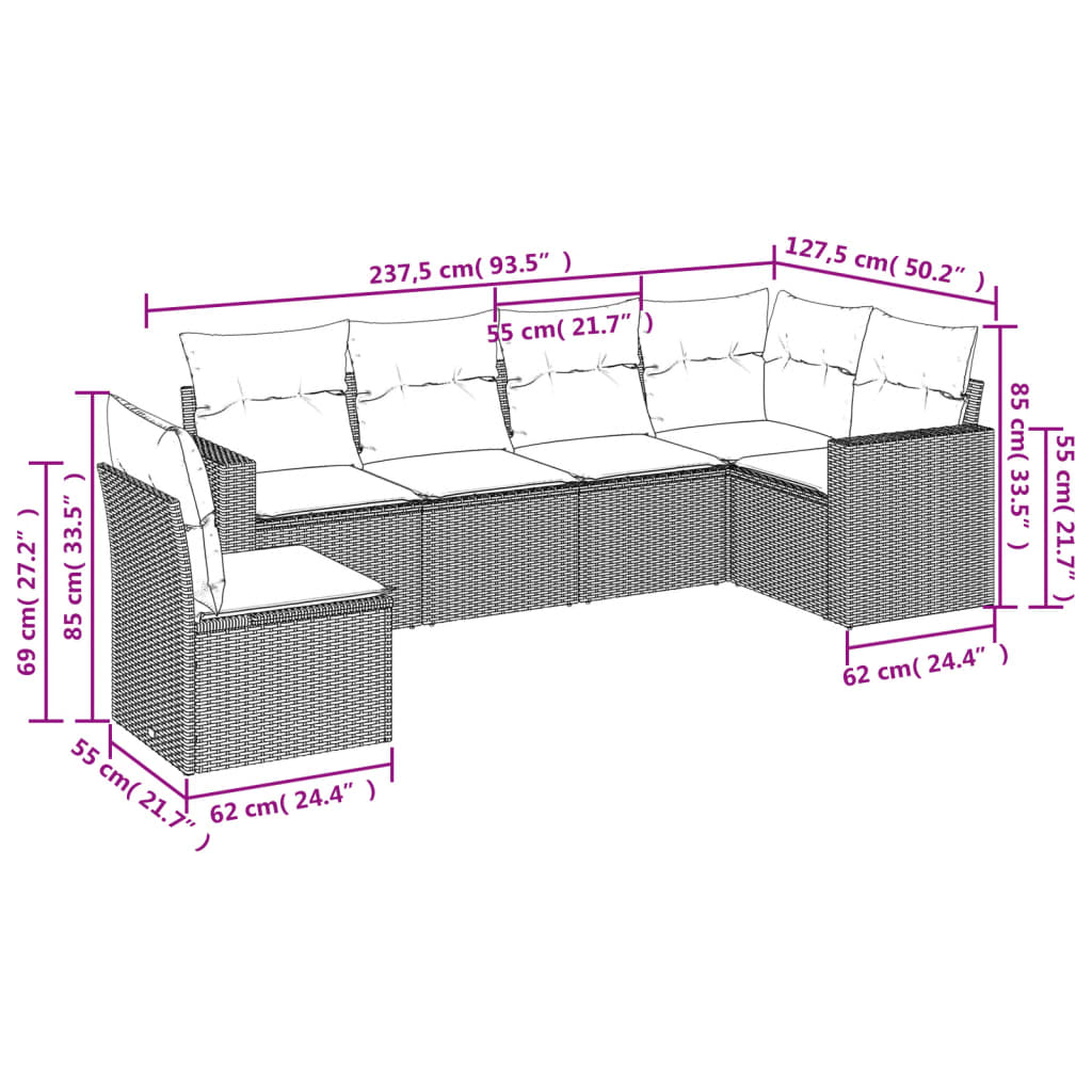 6 Pcs conjunto de sofás p/ jardim com almofadões vime PE bege