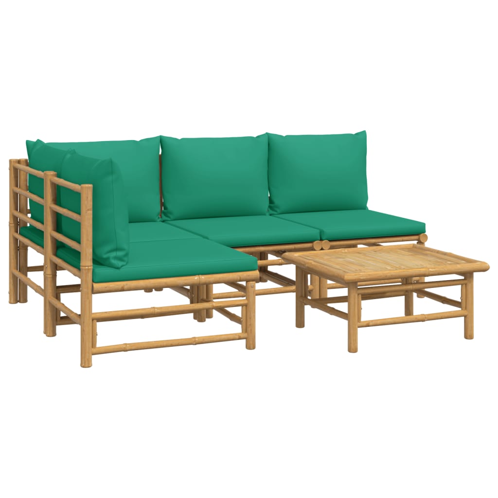 5 Pcs conjunto lounge de jardim bambu c/ almofadões verdes