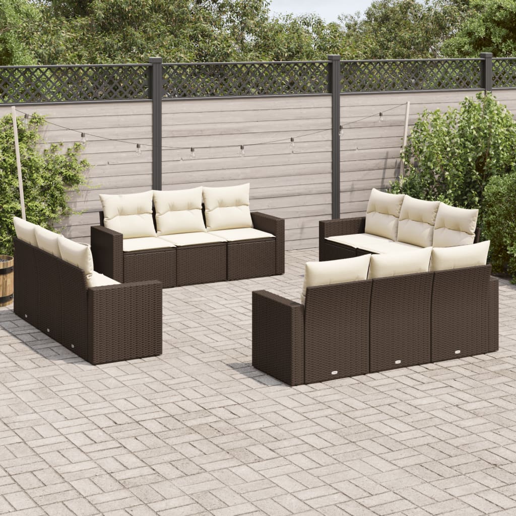 12 Pcs conjunto de sofás jardim com almofadões vime PE castanho