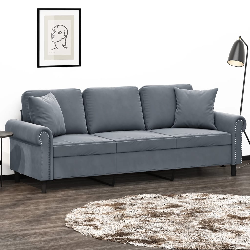 Sofá 3 lug. c/ almofadas decorativas 180 cm veludo cinza-escuro