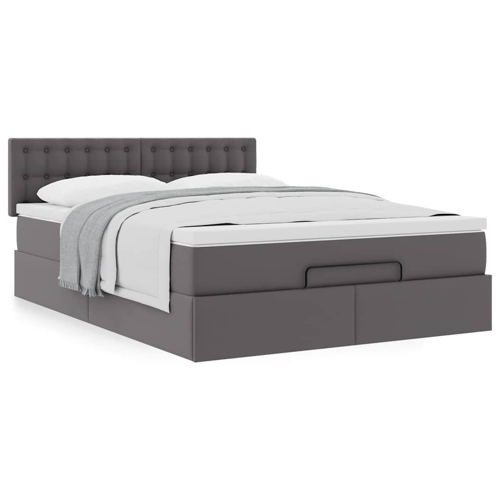 Estrutura de cama otomana com colchão cinza couro falso