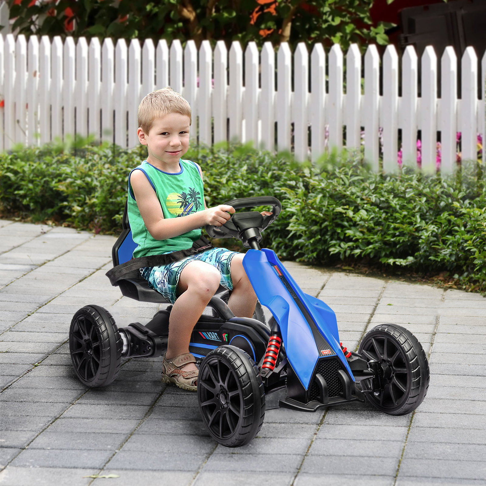 Go kart elétrico para crianças kart a bateria 12v velocidade ajustável 3-5 km/h e cinto de segurança 100x58x58,5 cm azul