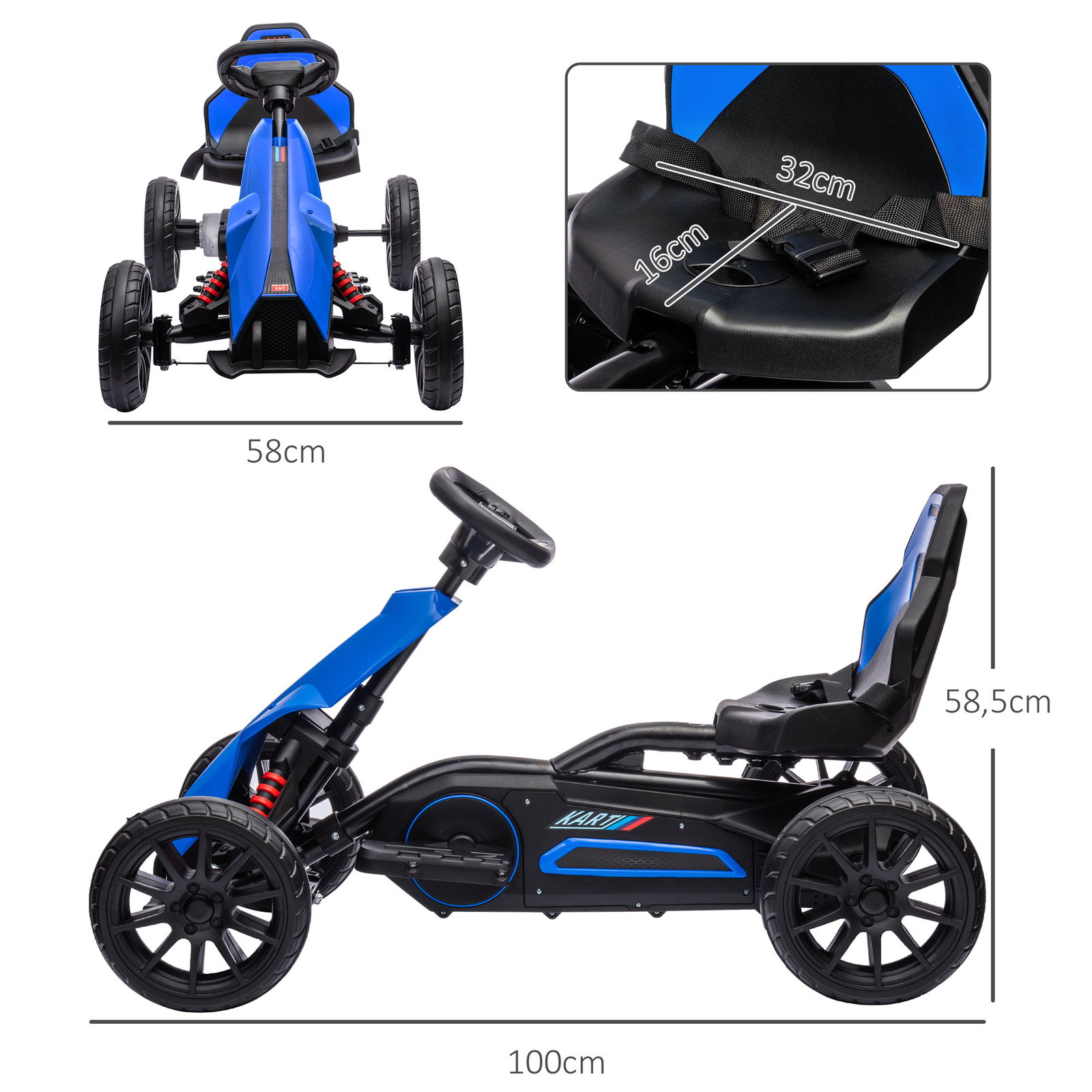 Go kart elétrico para crianças kart a bateria 12v velocidade ajustável 3-5 km/h e cinto de segurança 100x58x58,5 cm azul
