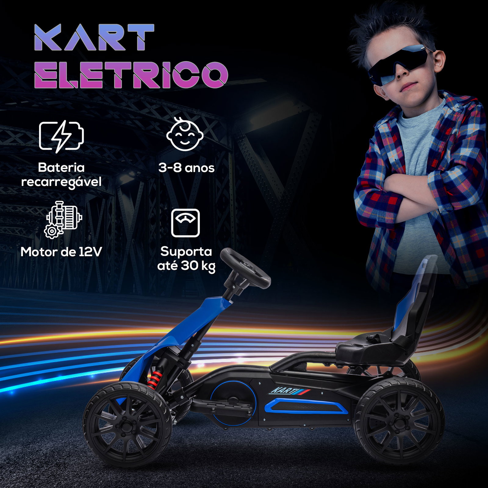 Go kart elétrico para crianças kart a bateria 12v velocidade ajustável 3-5 km/h e cinto de segurança 100x58x58,5 cm azul