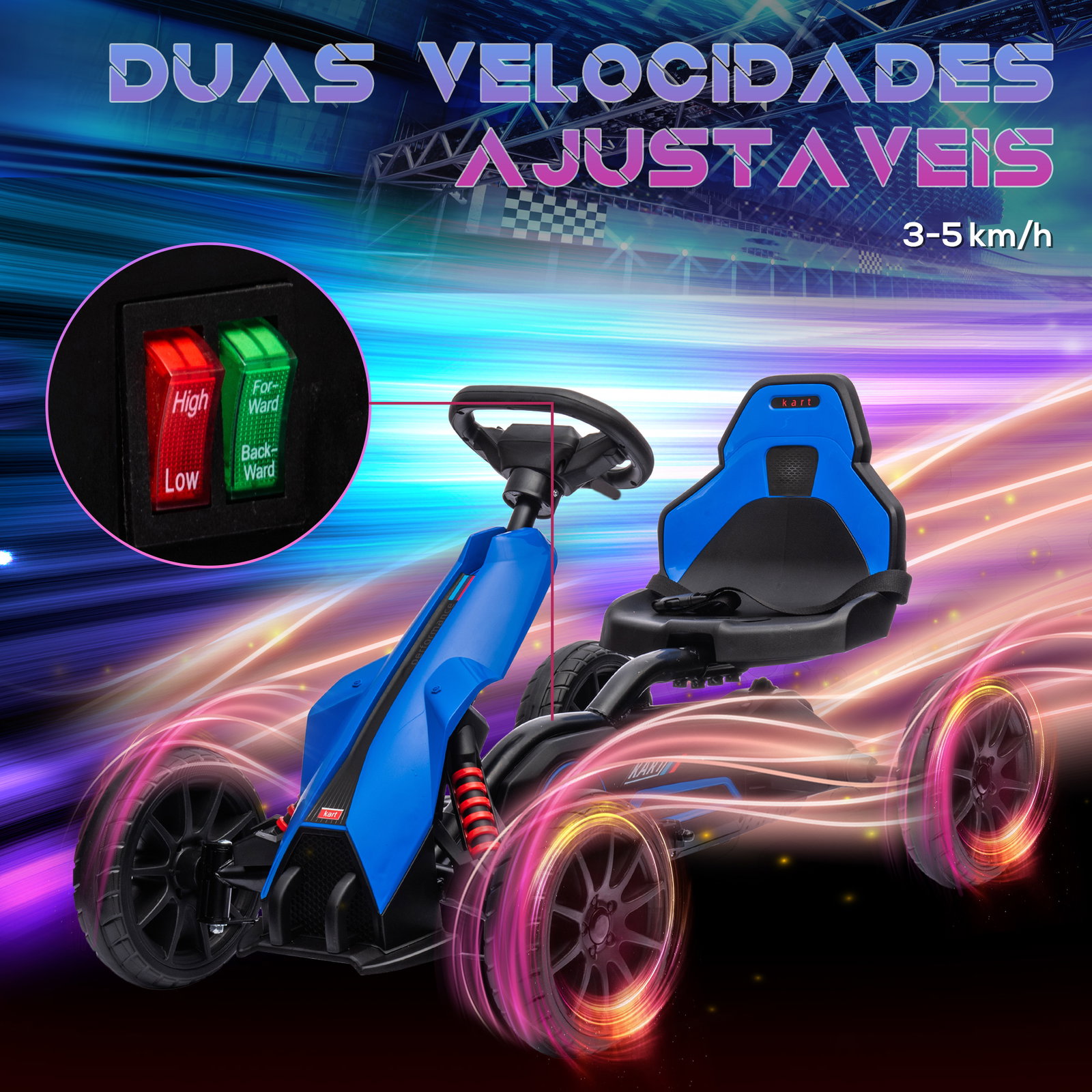 Go kart elétrico para crianças kart a bateria 12v velocidade ajustável 3-5 km/h e cinto de segurança 100x58x58,5 cm azul