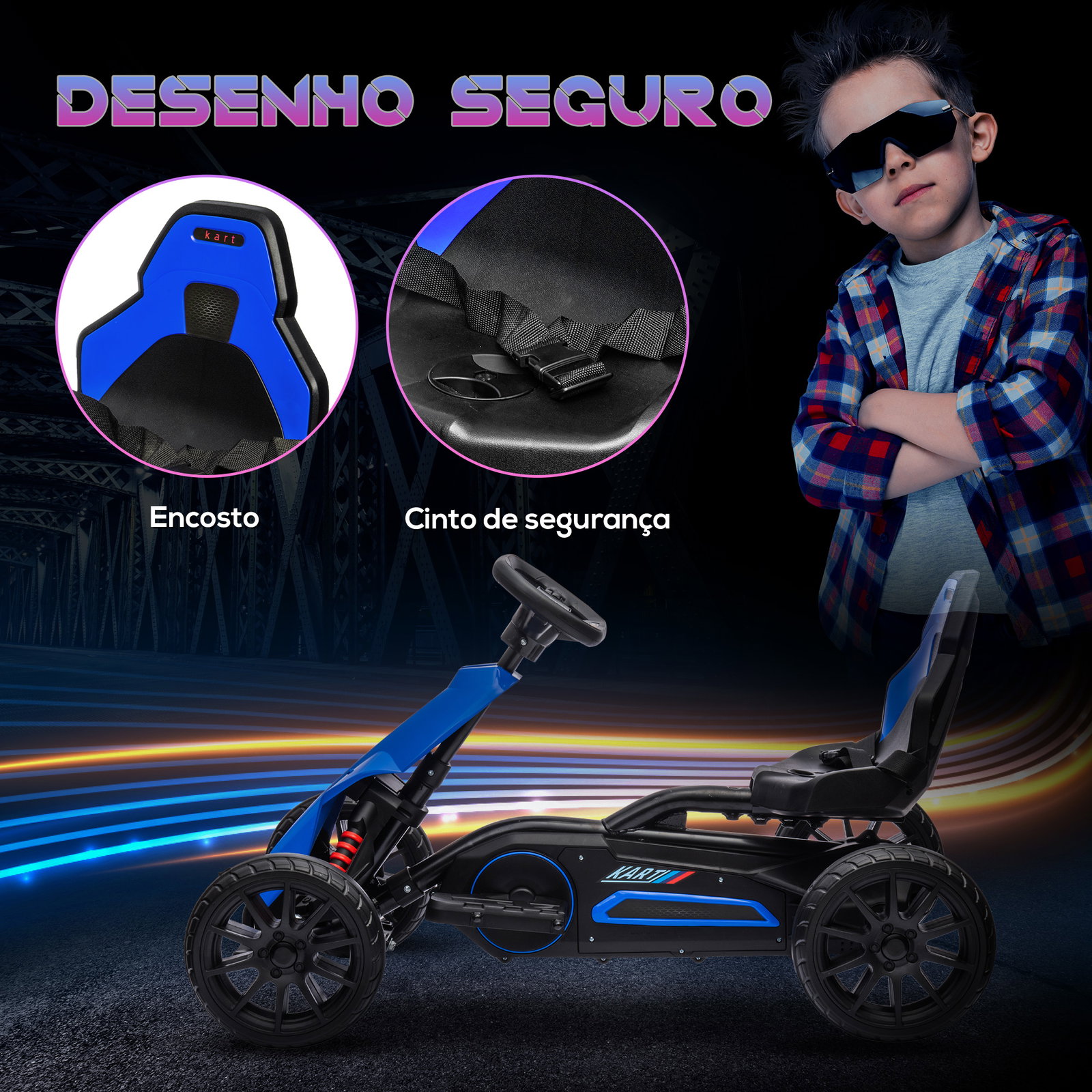 Go kart elétrico para crianças kart a bateria 12v velocidade ajustável 3-5 km/h e cinto de segurança 100x58x58,5 cm azul