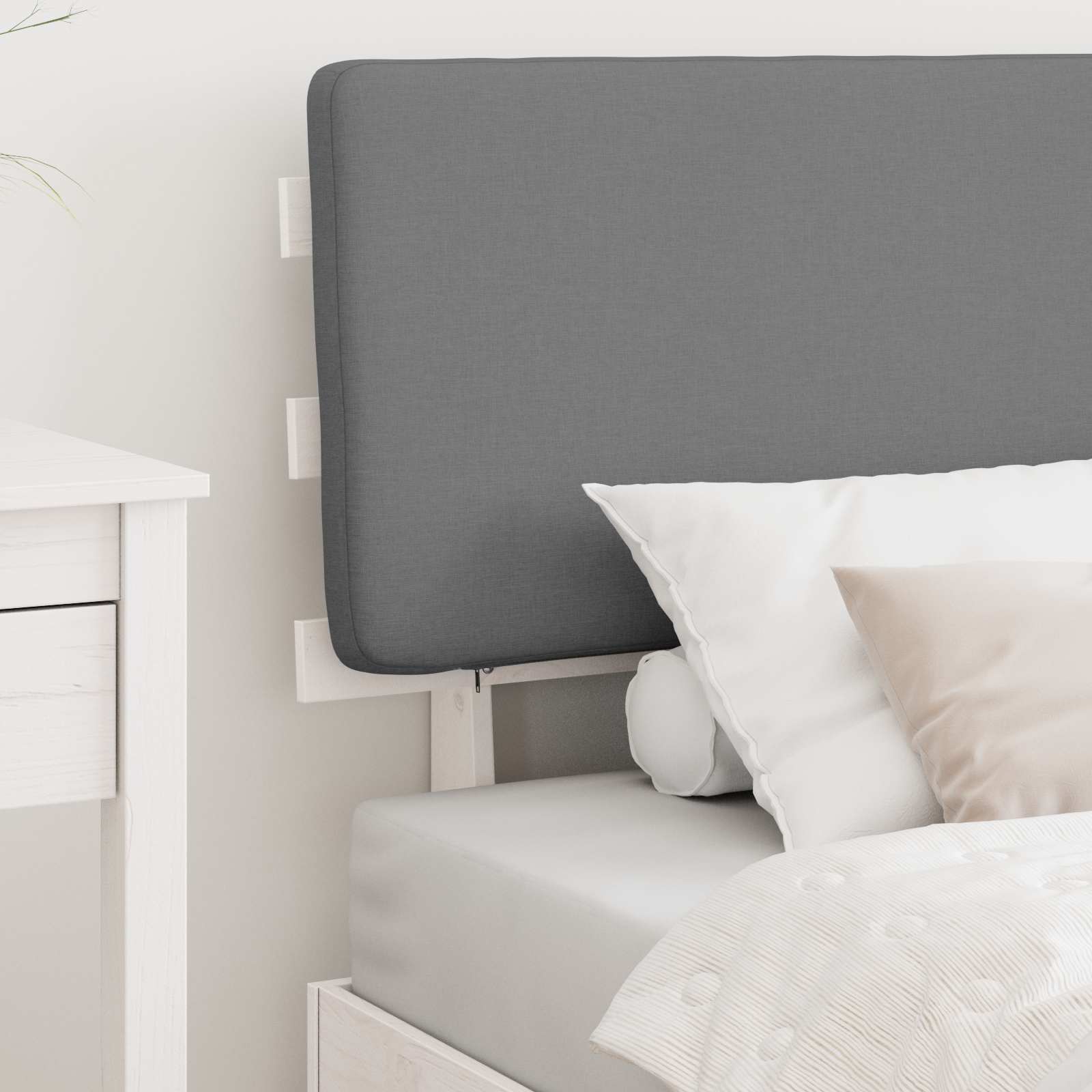 Estrutura de cama com cabeceira estofada cinzento-claro