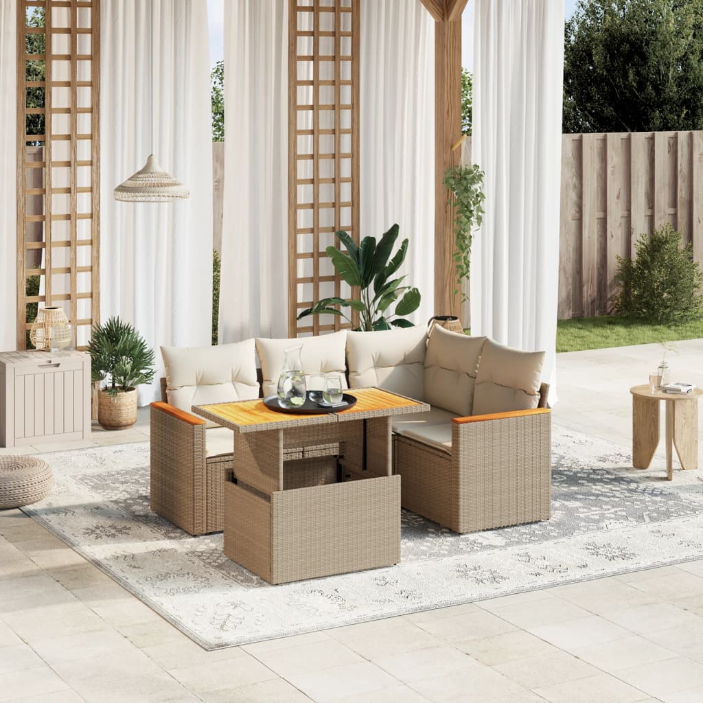 5 Pcs conjunto de sofás p/ jardim com almofadões vime PE bege