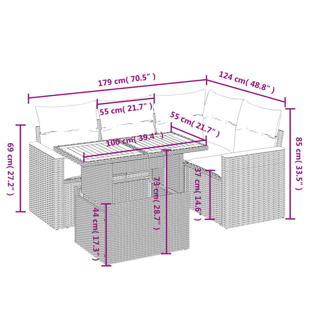 5 Pcs conjunto de sofás p/ jardim com almofadões vime PE bege