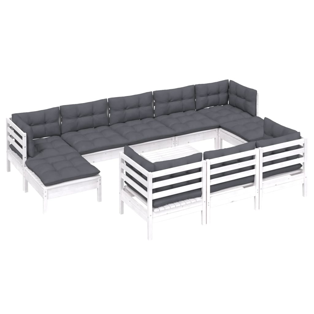11 Pcs conj. lounge de jardim c/ almofadões pinho maciço branco