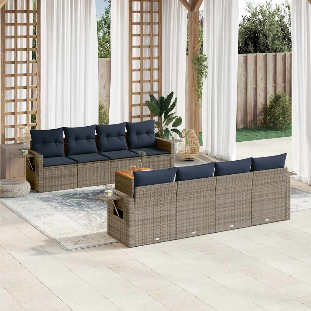 Conjunto de sofá de jardim de 9 peças com almofadas em rattan sintético cinza