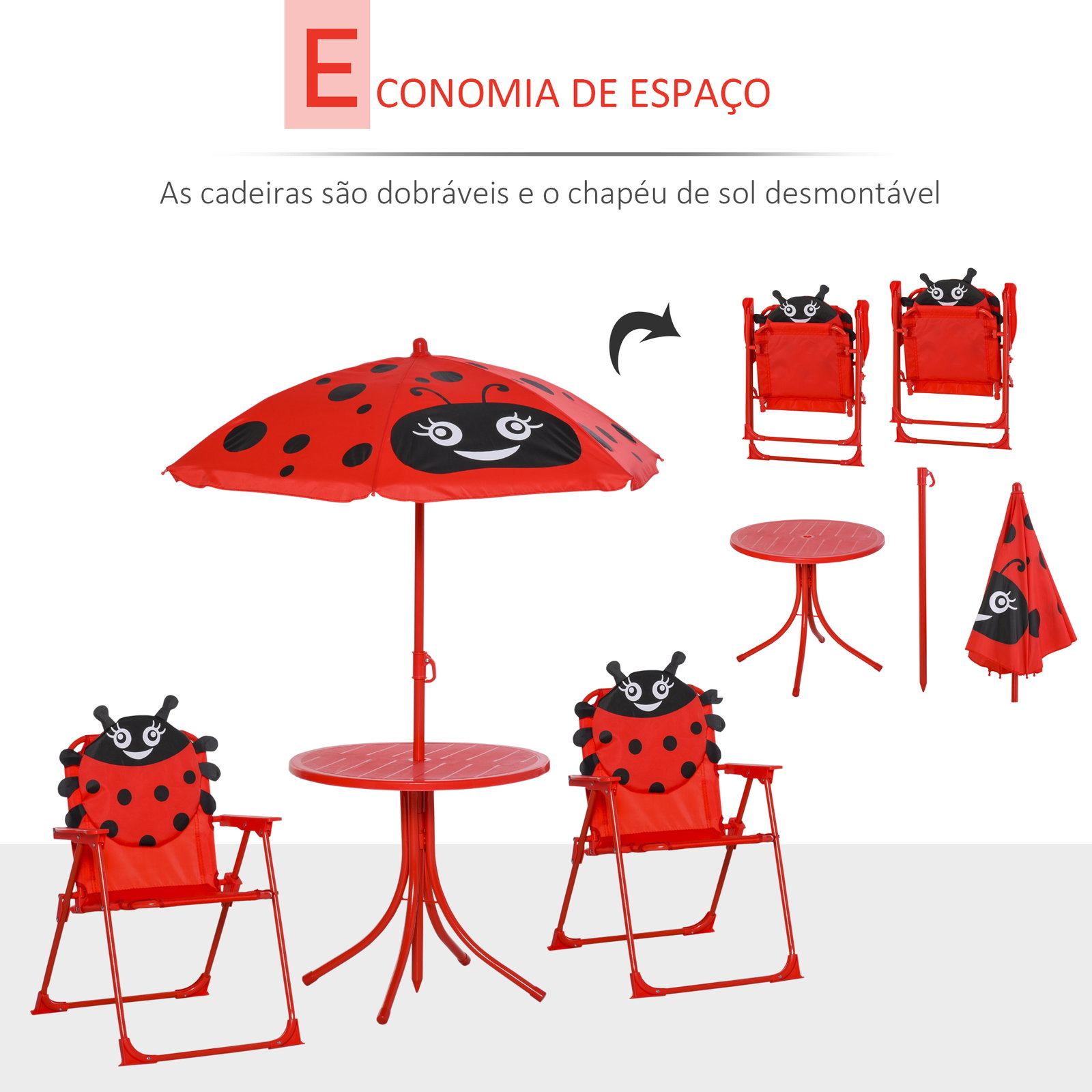 Conjunto de Mesa e Cadeira de Jardim Conjunto de Picnic Dobrável para Crianças Conjunto de Mesa com Chapéu de Sol com Altura Aju