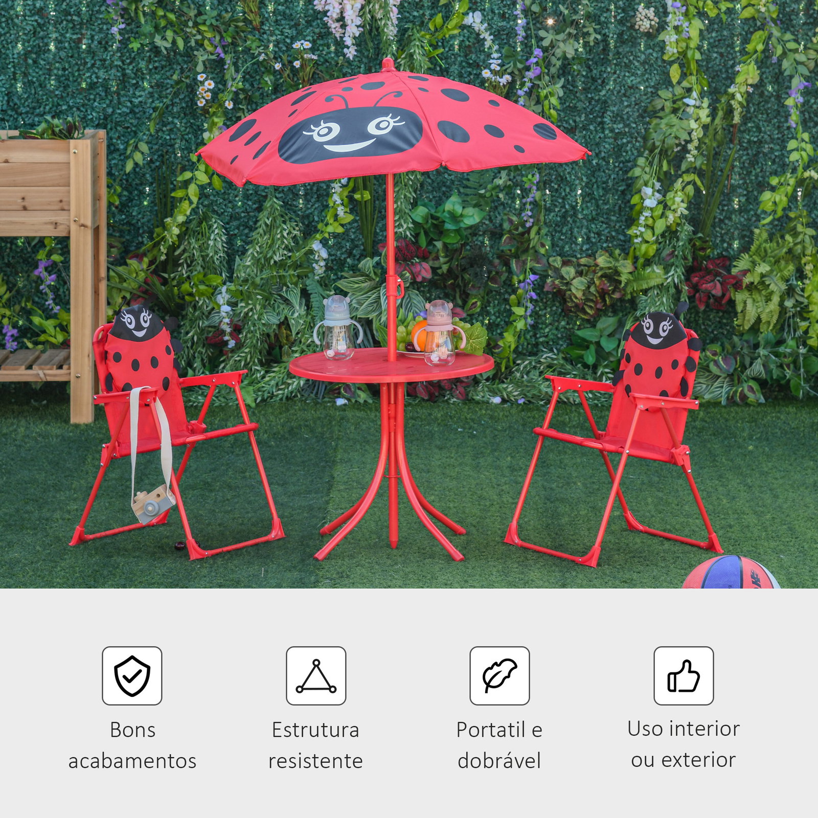 Conjunto de Mesa e Cadeira de Jardim Conjunto de Picnic Dobrável para Crianças Conjunto de Mesa com Chapéu de Sol com Altura Aju