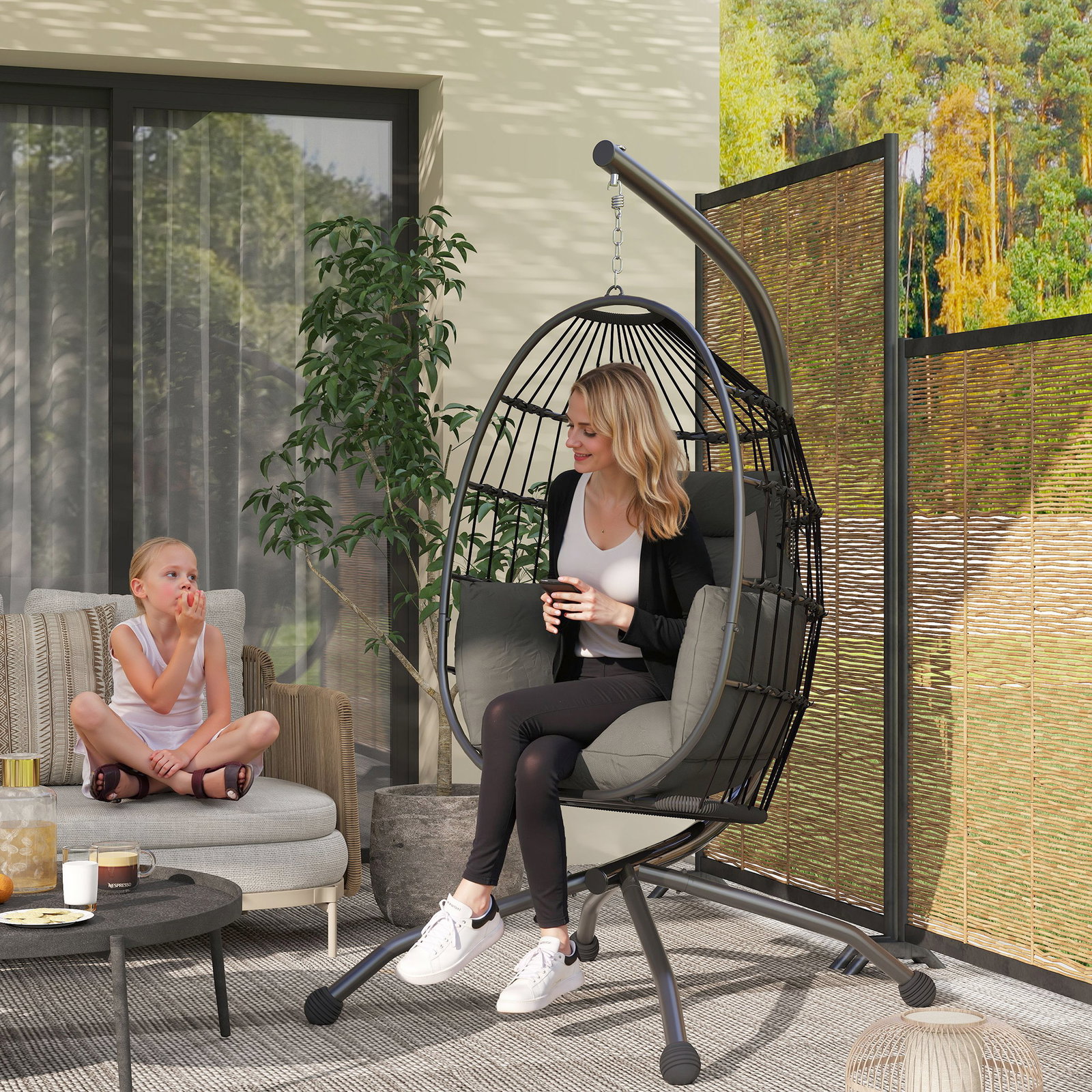 Cadeira suspensa com suporte cadeira baloiço de jardim com cesto dobrável almofada e apoio para a cabeça 120x88x192 cm preto