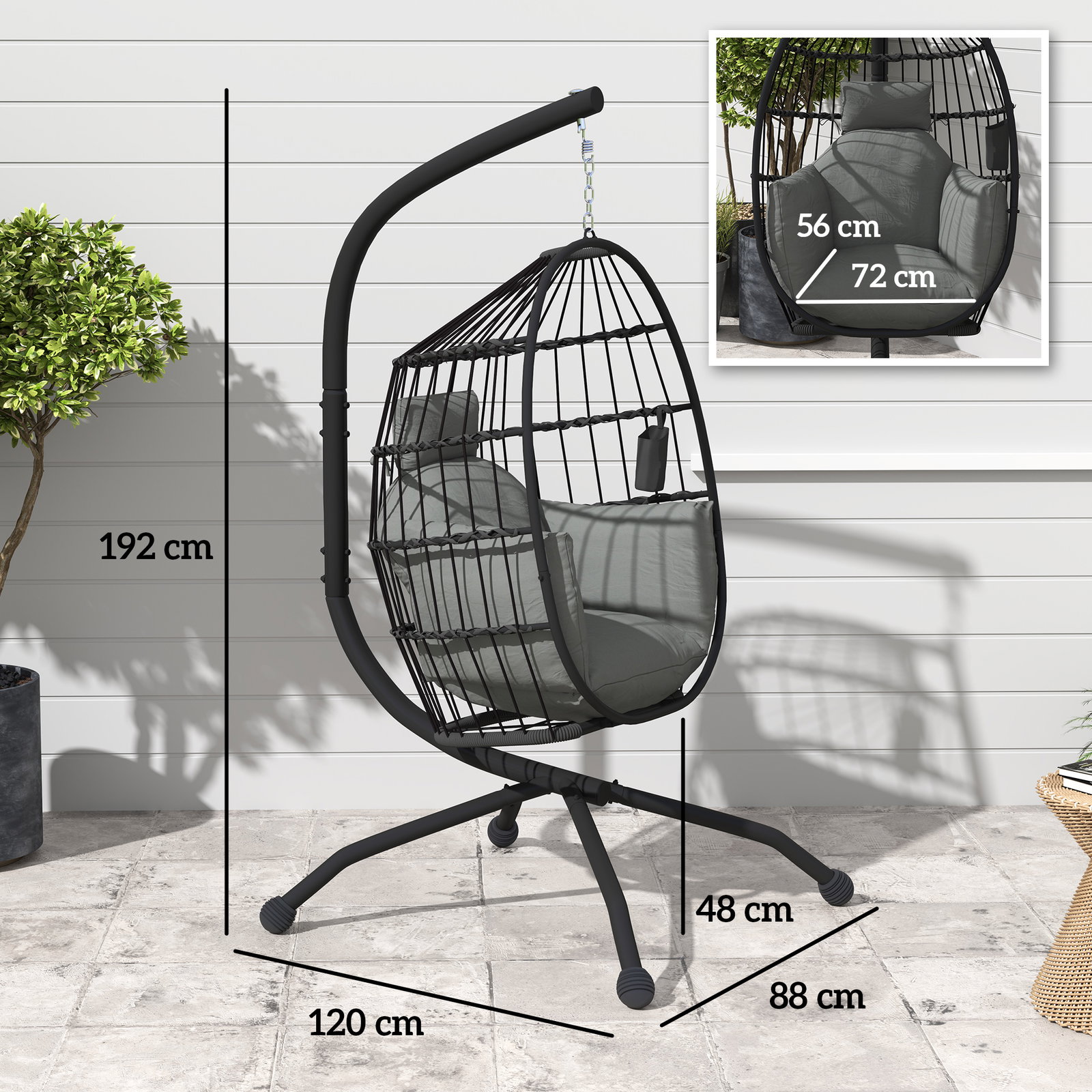 Cadeira suspensa com suporte cadeira baloiço de jardim com cesto dobrável almofada e apoio para a cabeça 120x88x192 cm preto