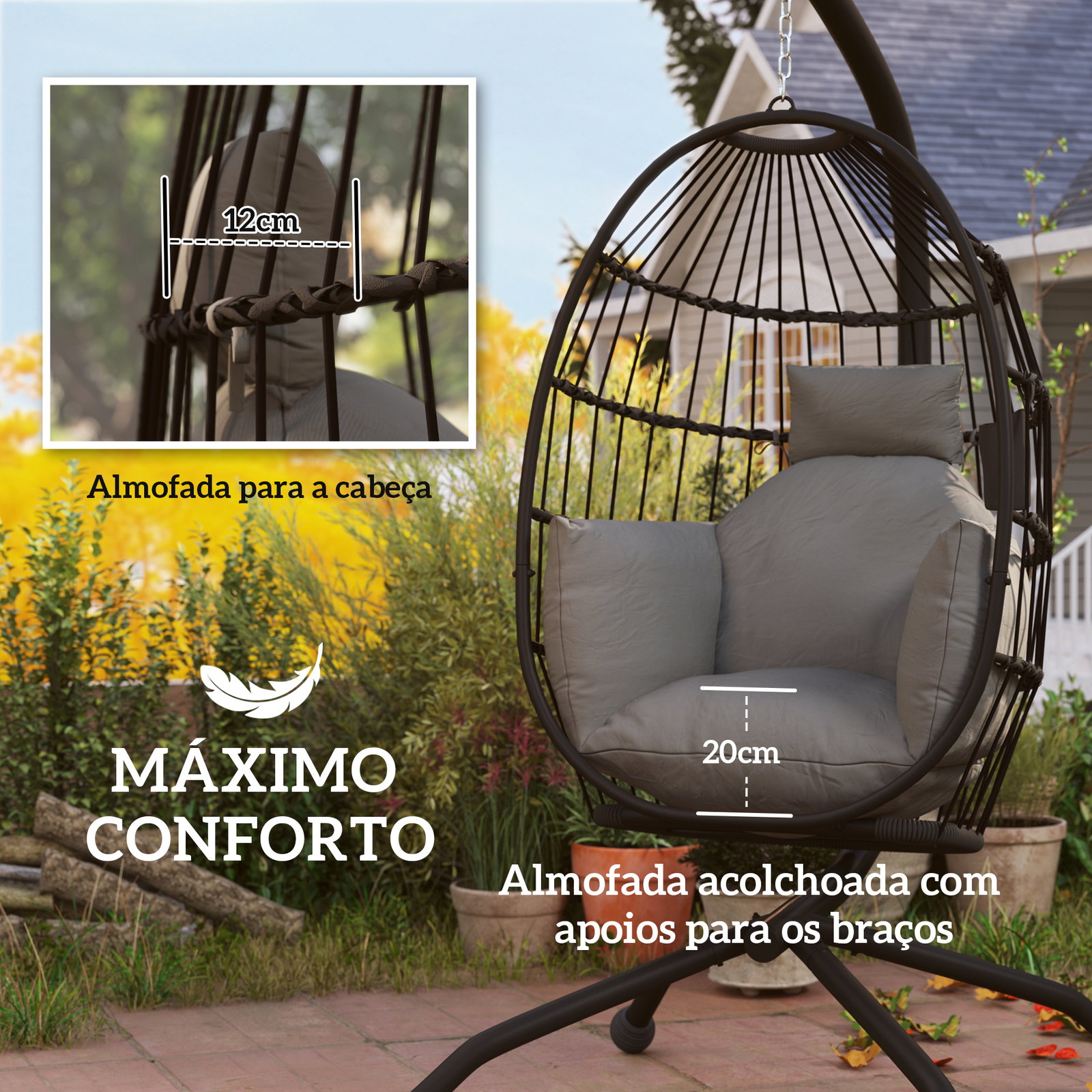 Cadeira suspensa com suporte cadeira baloiço de jardim com cesto dobrável almofada e apoio para a cabeça 120x88x192 cm preto
