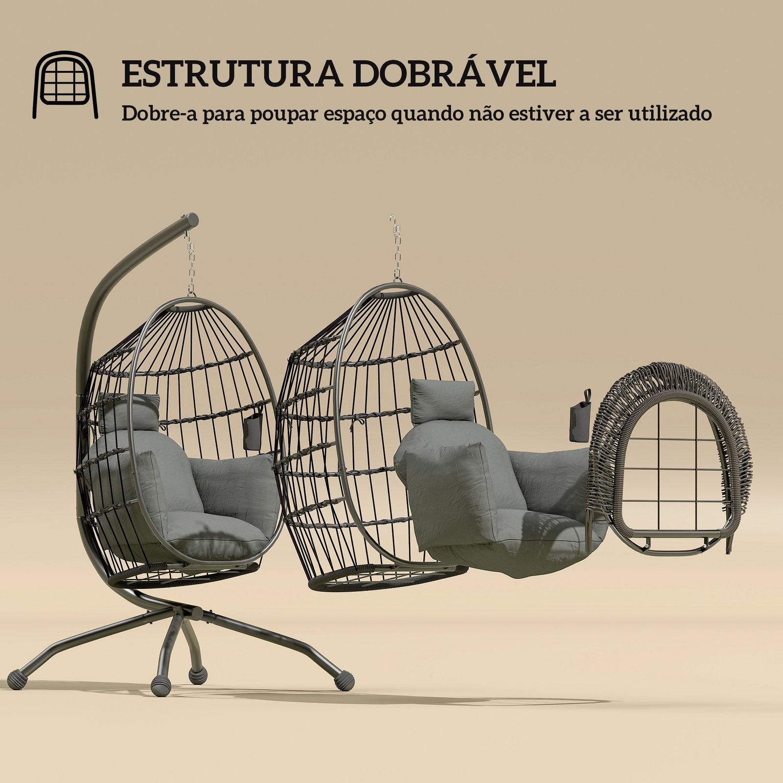 Cadeira suspensa com suporte cadeira baloiço de jardim com cesto dobrável almofada e apoio para a cabeça 120x88x192 cm preto