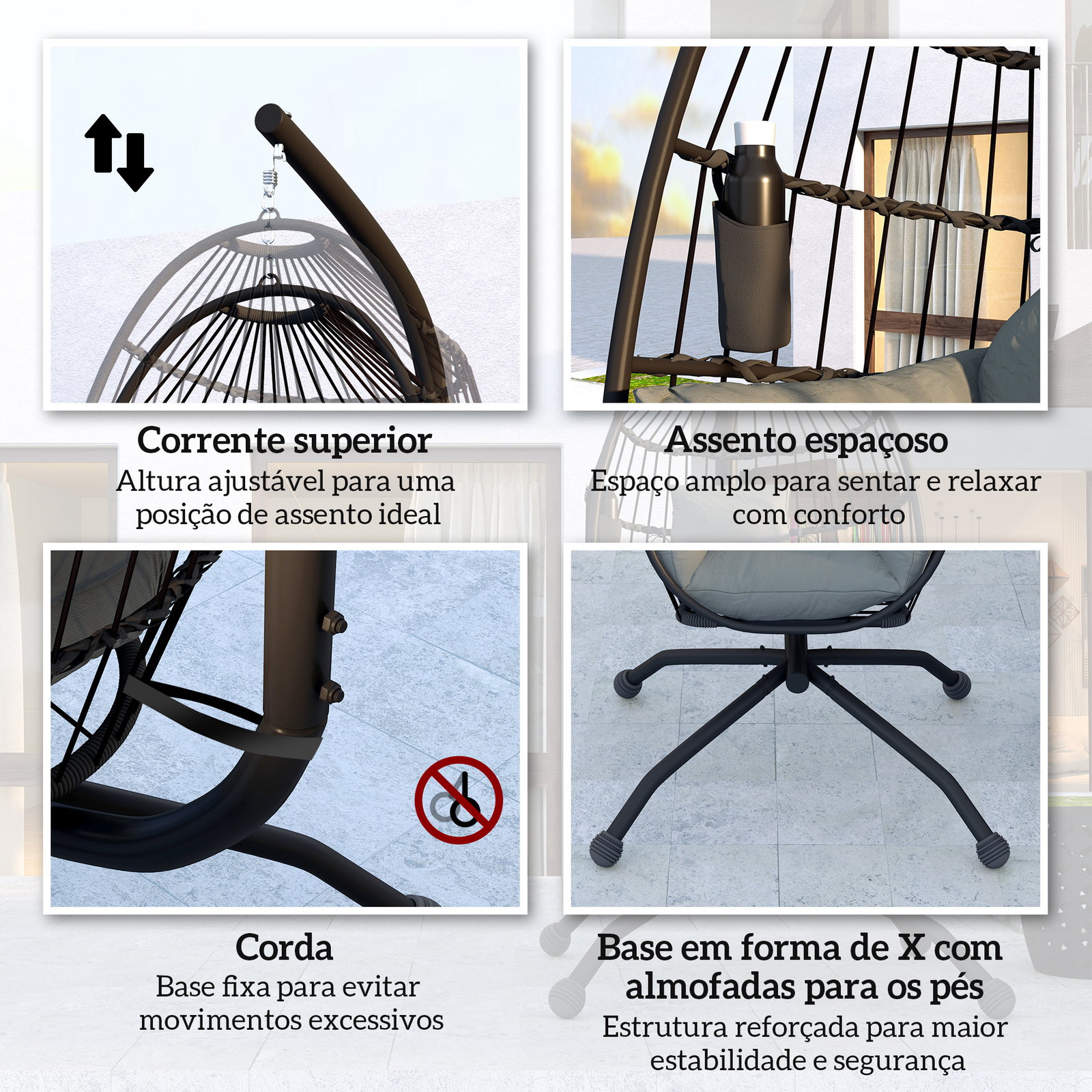 Cadeira suspensa com suporte cadeira baloiço de jardim com cesto dobrável almofada e apoio para a cabeça 120x88x192 cm preto