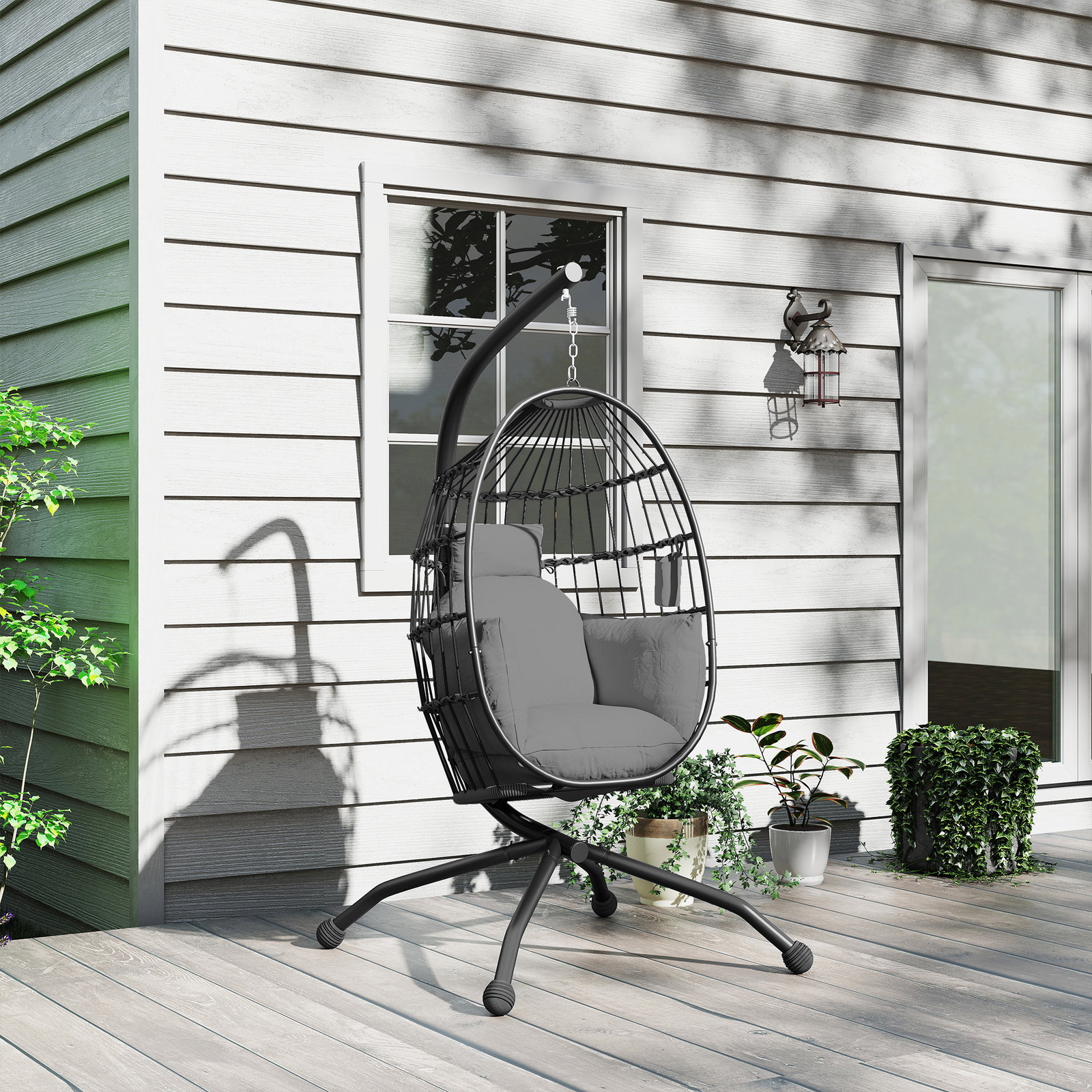 Cadeira suspensa com suporte cadeira baloiço de jardim com cesto dobrável almofada e apoio para a cabeça 120x88x192 cm preto
