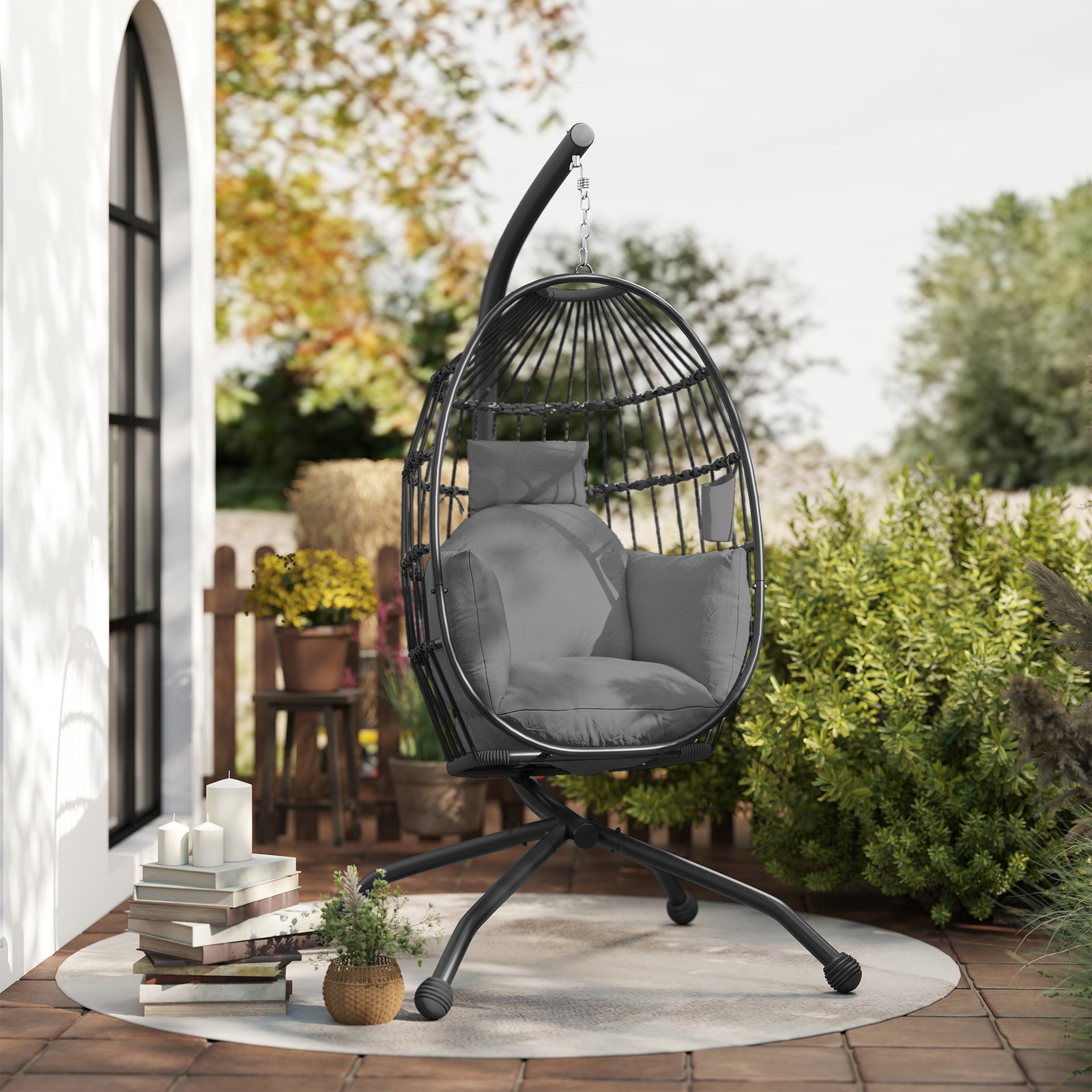 Cadeira suspensa com suporte cadeira baloiço de jardim com cesto dobrável almofada e apoio para a cabeça 120x88x192 cm preto