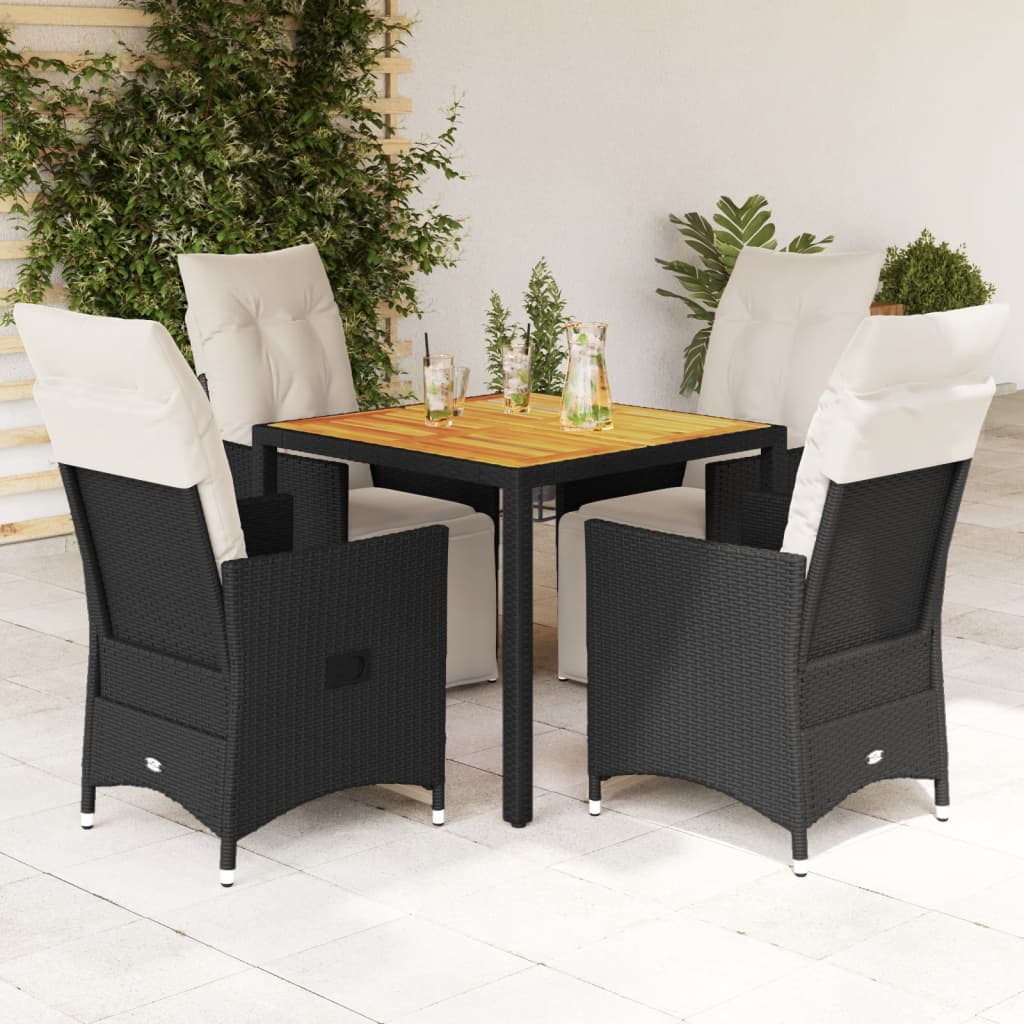 5 Pcs conjunto de jantar p/ jardim c/ almofadões vime PE preto