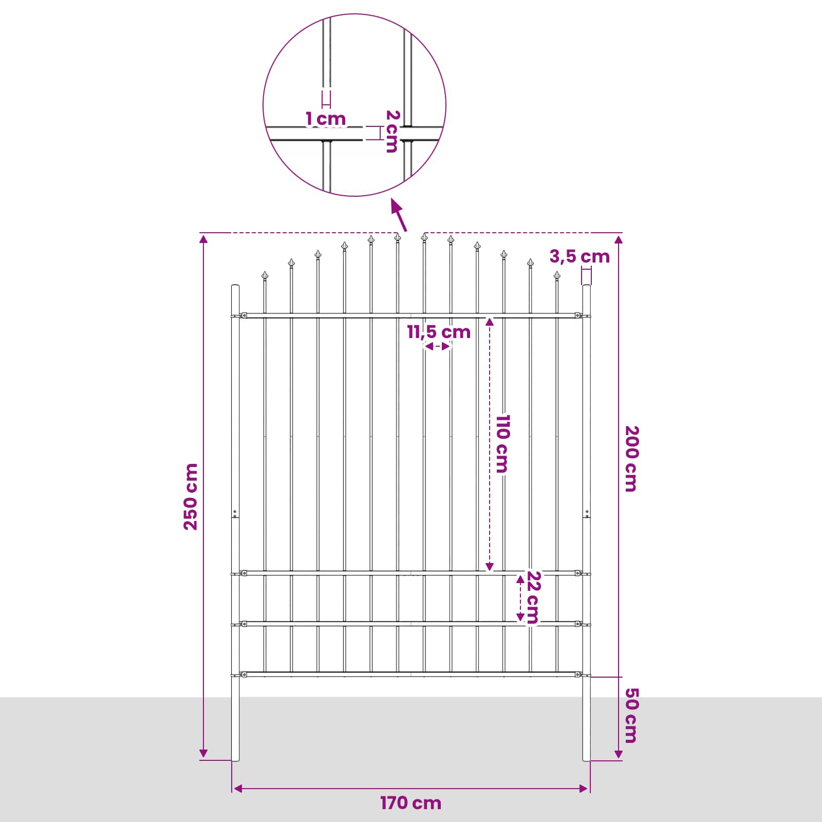 Cerca de jardim com topo em forma de lança em aço 181x200 cm, preta