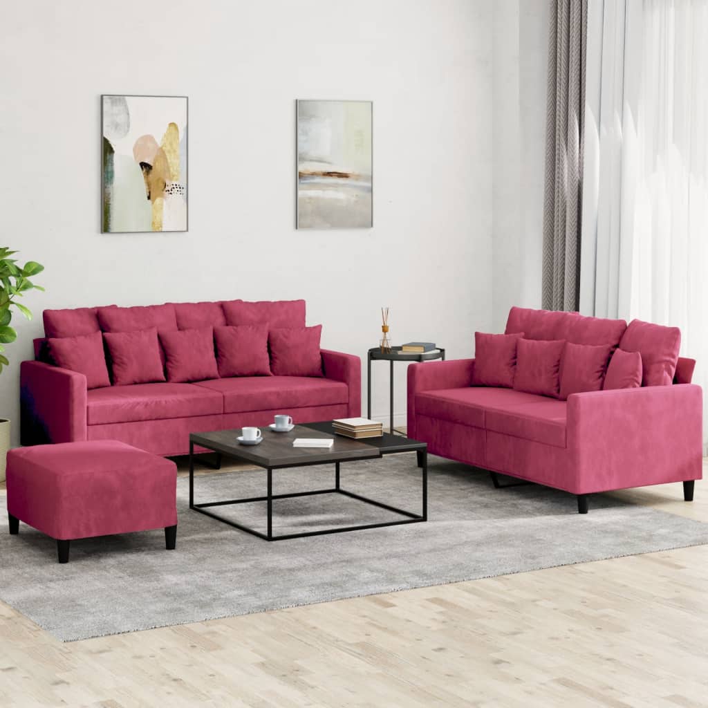 3 Pcs conjunto de sofás com almofadões veludo vermelho tinto