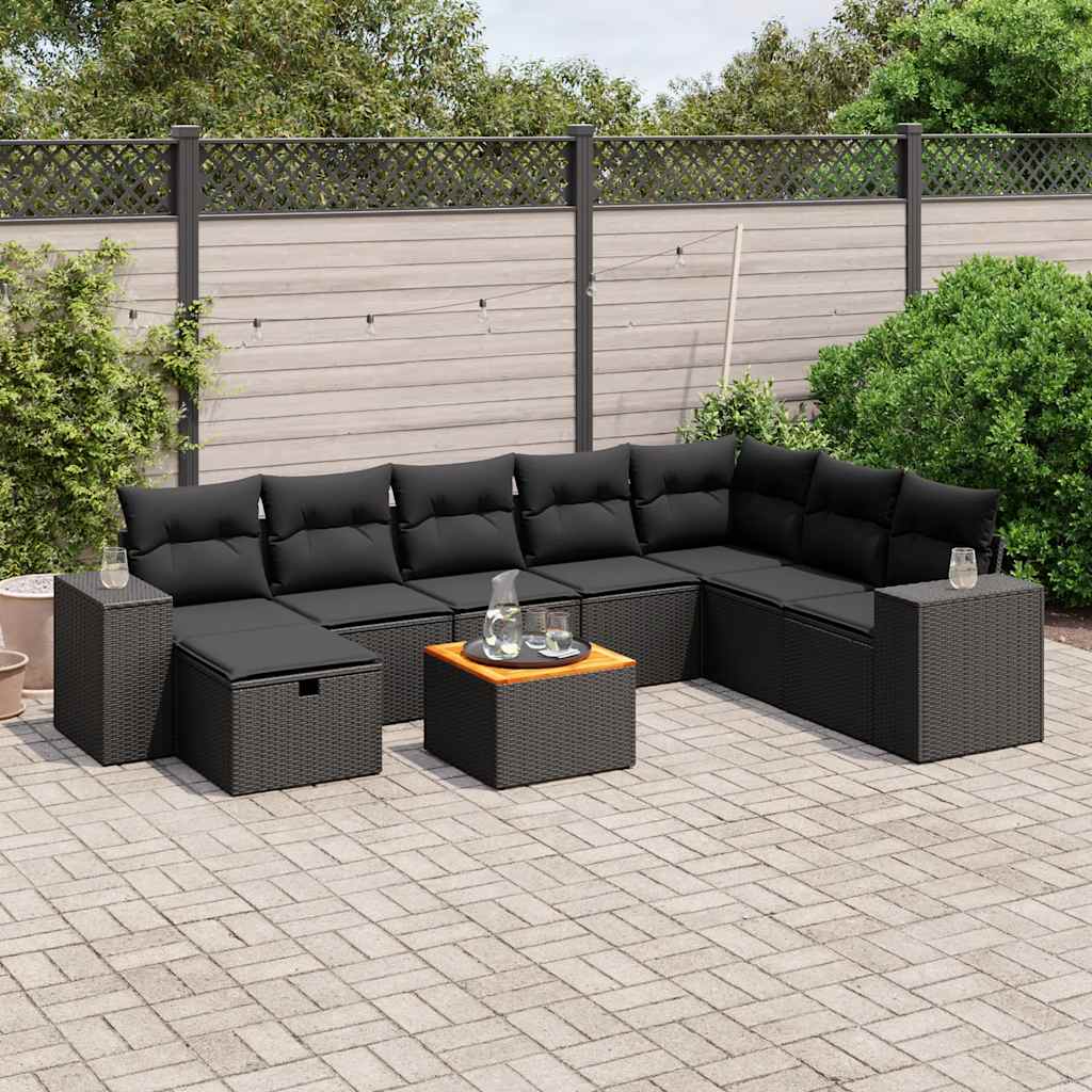 9 Pcs conjunto de sofás p/ jardim c/ almofadões vime PE preto