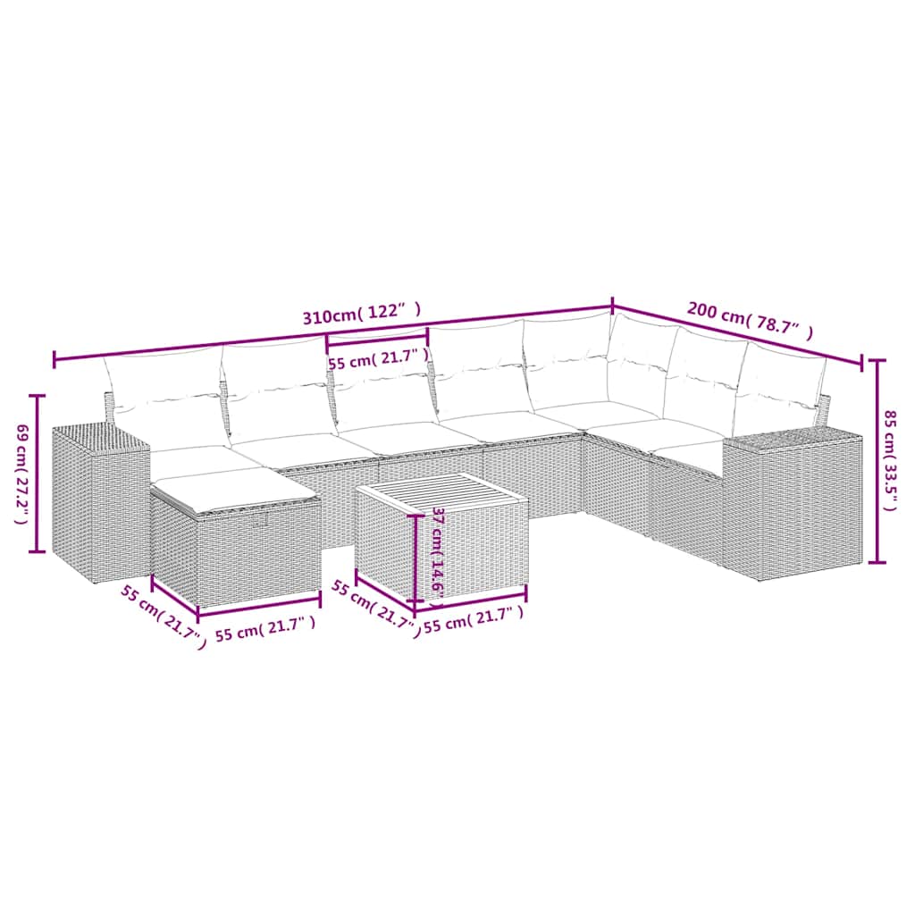 9 Pcs conjunto de sofás p/ jardim c/ almofadões vime PE preto