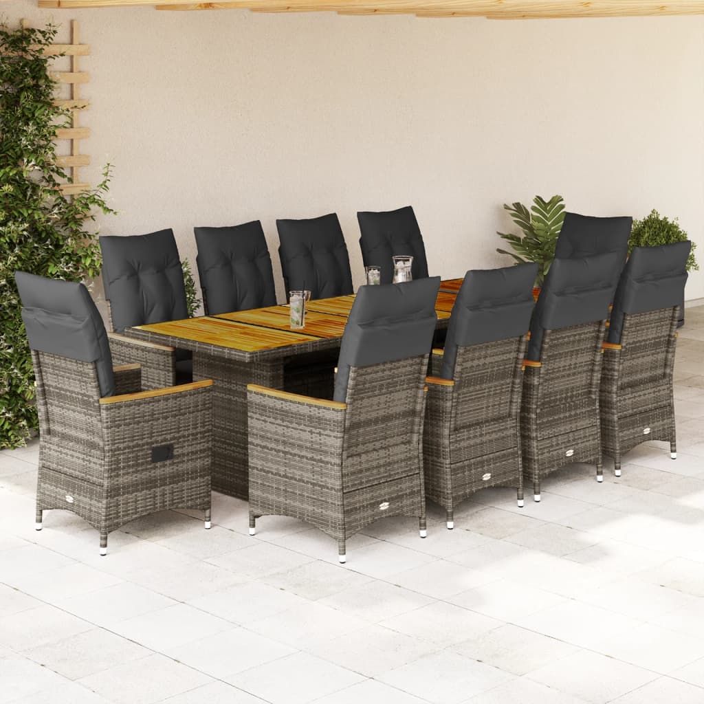 11 Pcs conjunto bistrô de jardim c/ almofadões vime PE cinzento