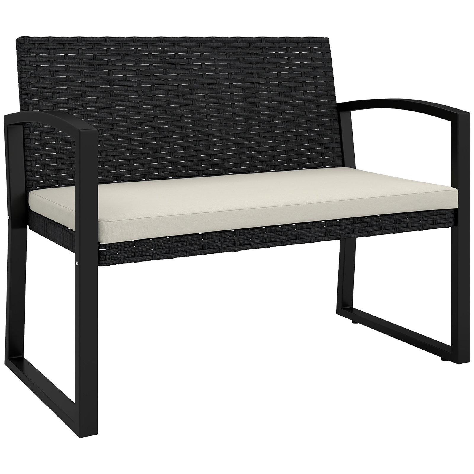 Banco de jardim em vime sintético de 2 lugares banco de exterior com almofada 103x58x78 cm preto e bege