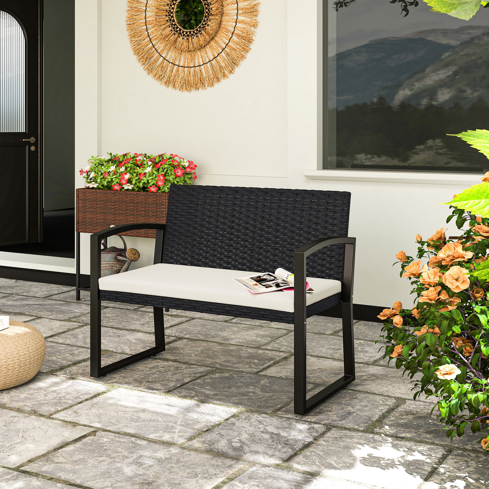 Banco de jardim em vime sintético de 2 lugares banco de exterior com almofada 103x58x78 cm preto e bege