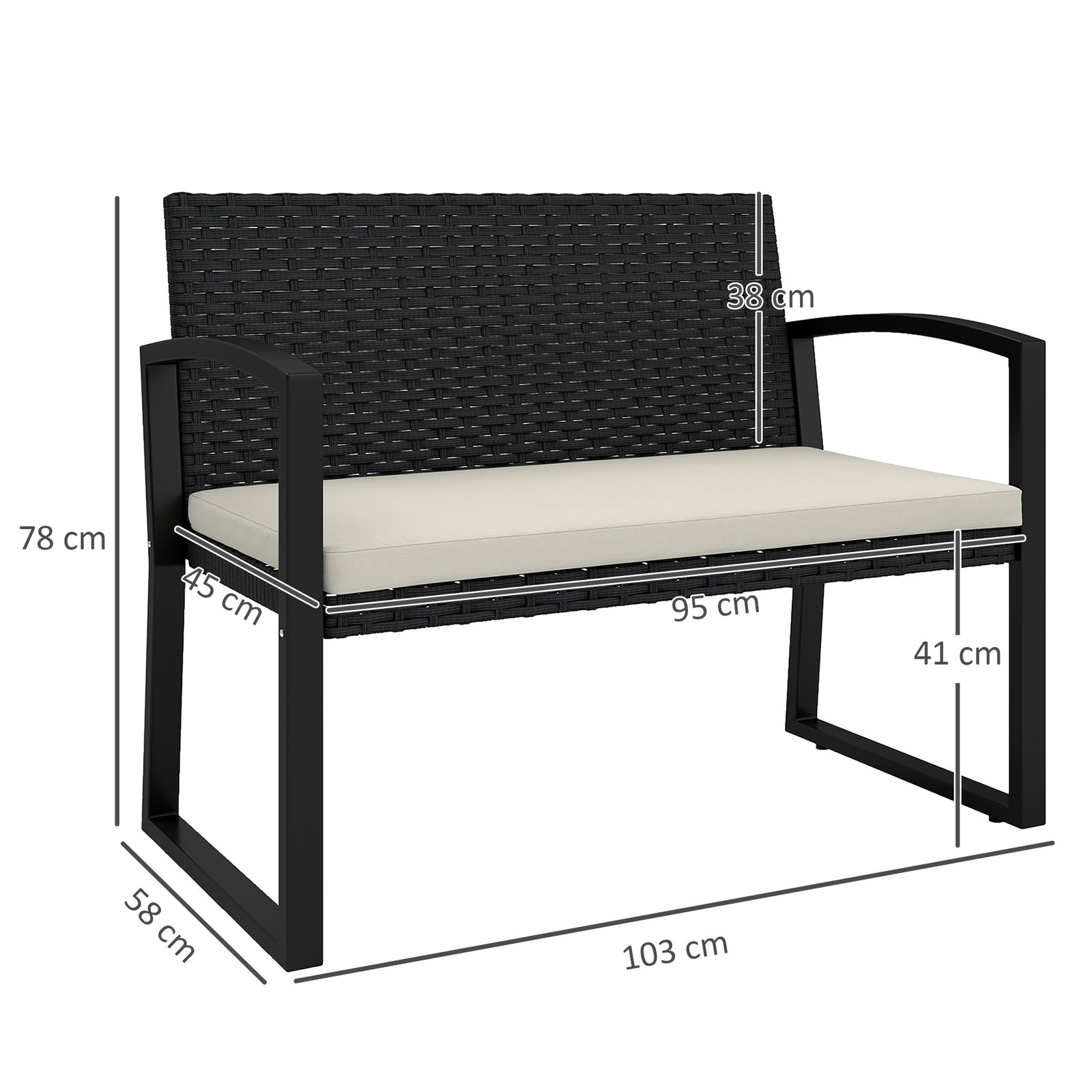 Banco de jardim em vime sintético de 2 lugares banco de exterior com almofada 103x58x78 cm preto e bege