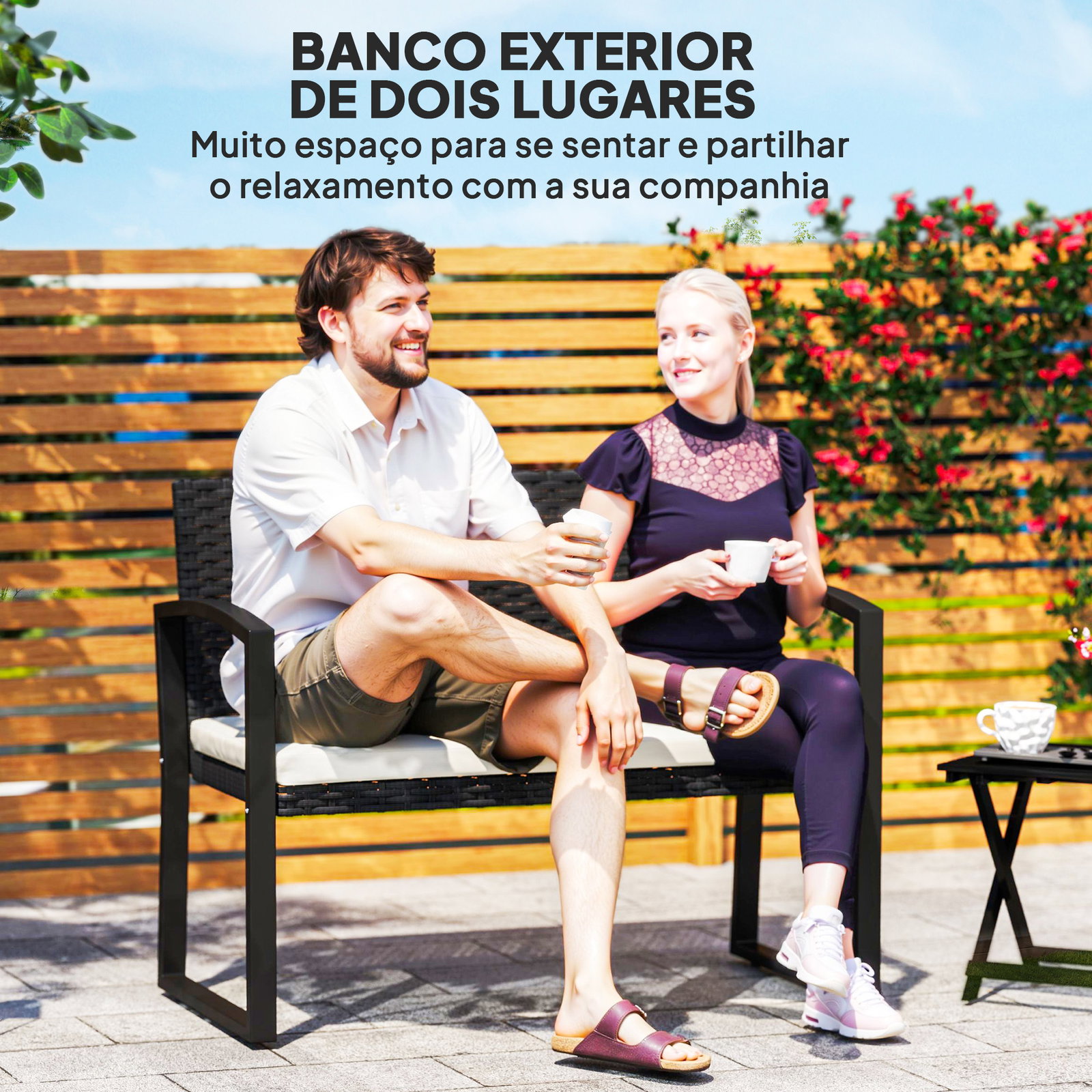 Banco de jardim em vime sintético de 2 lugares banco de exterior com almofada 103x58x78 cm preto e bege