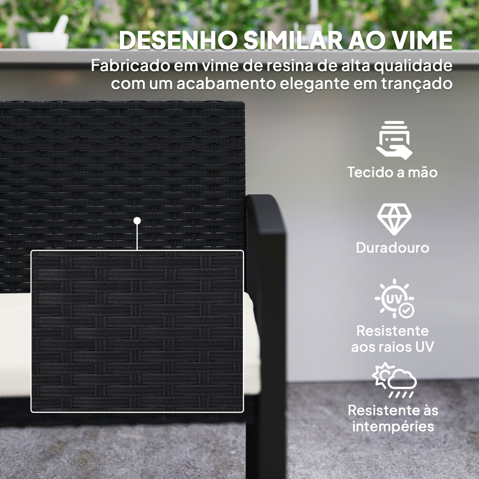 Banco de jardim em vime sintético de 2 lugares banco de exterior com almofada 103x58x78 cm preto e bege