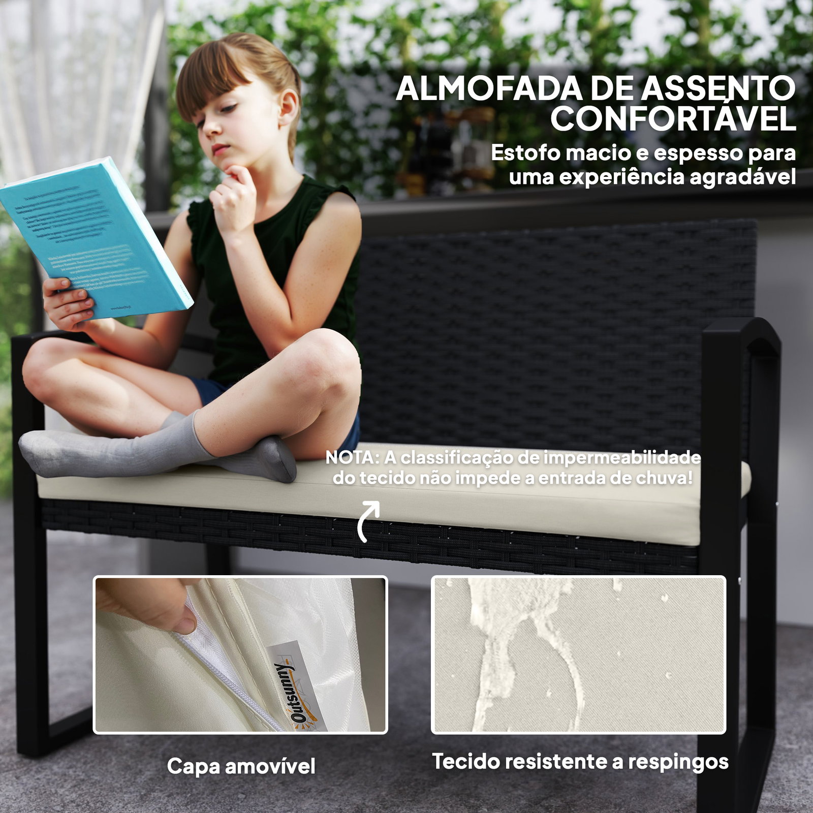 Banco de jardim em vime sintético de 2 lugares banco de exterior com almofada 103x58x78 cm preto e bege