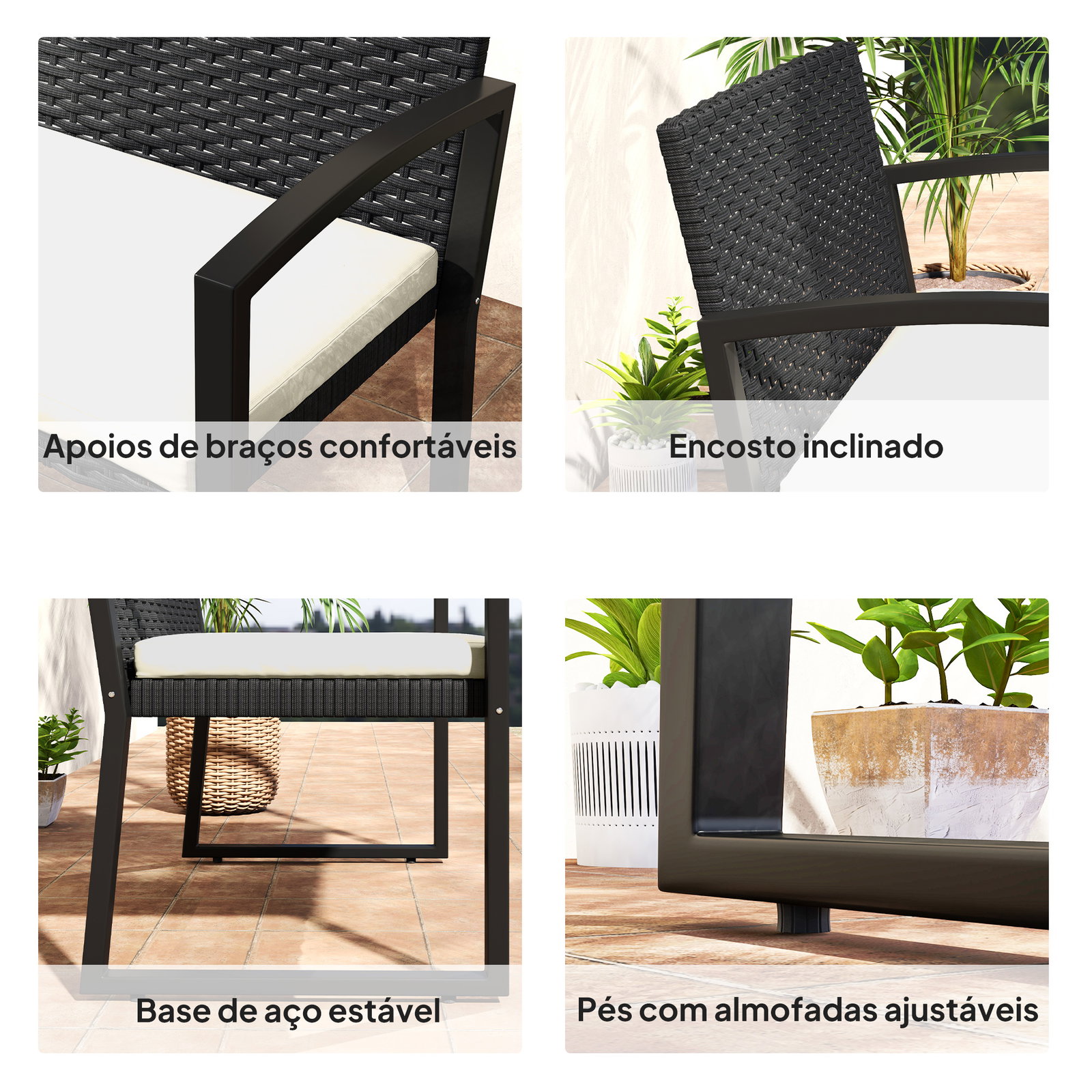 Banco de jardim em vime sintético de 2 lugares banco de exterior com almofada 103x58x78 cm preto e bege