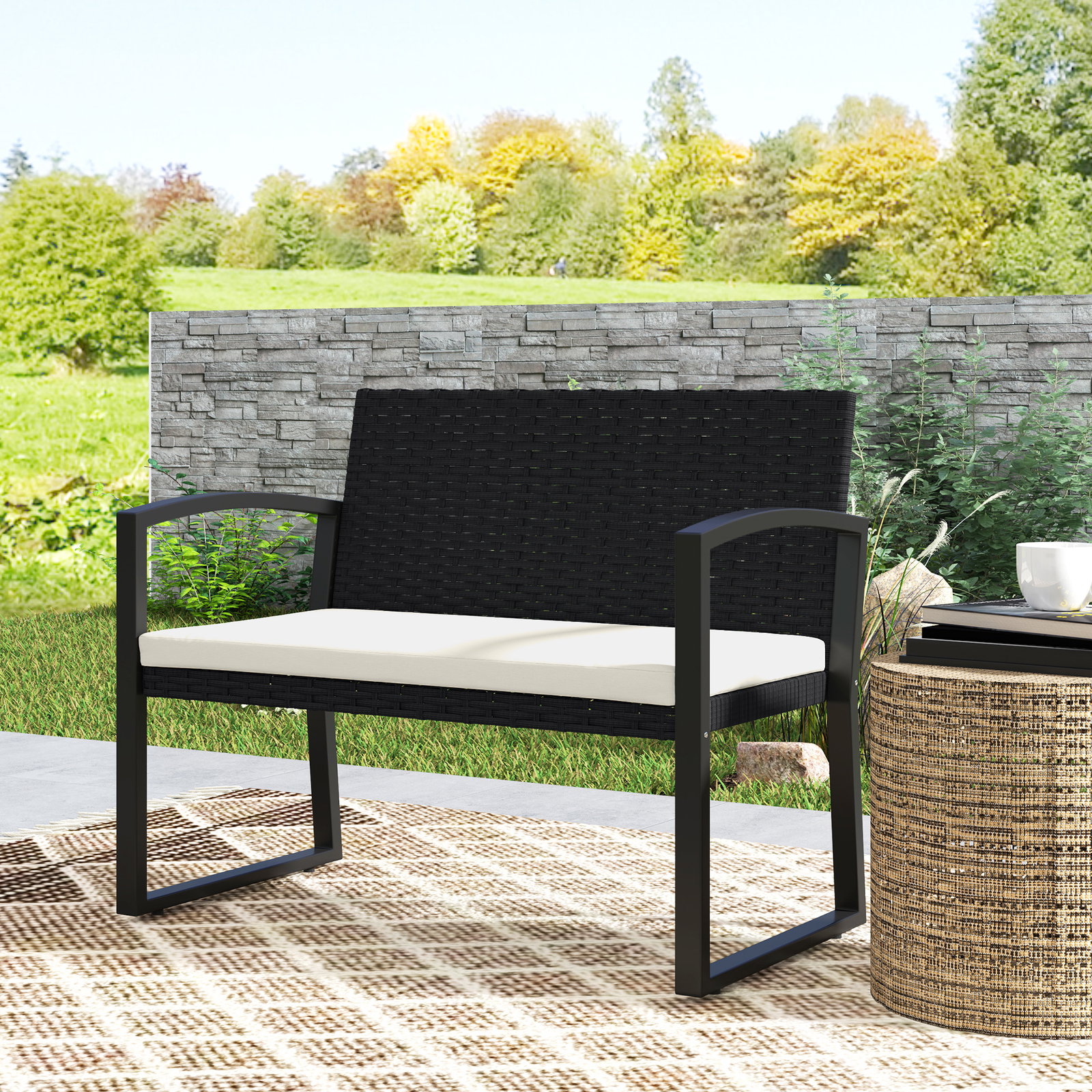 Banco de jardim em vime sintético de 2 lugares banco de exterior com almofada 103x58x78 cm preto e bege