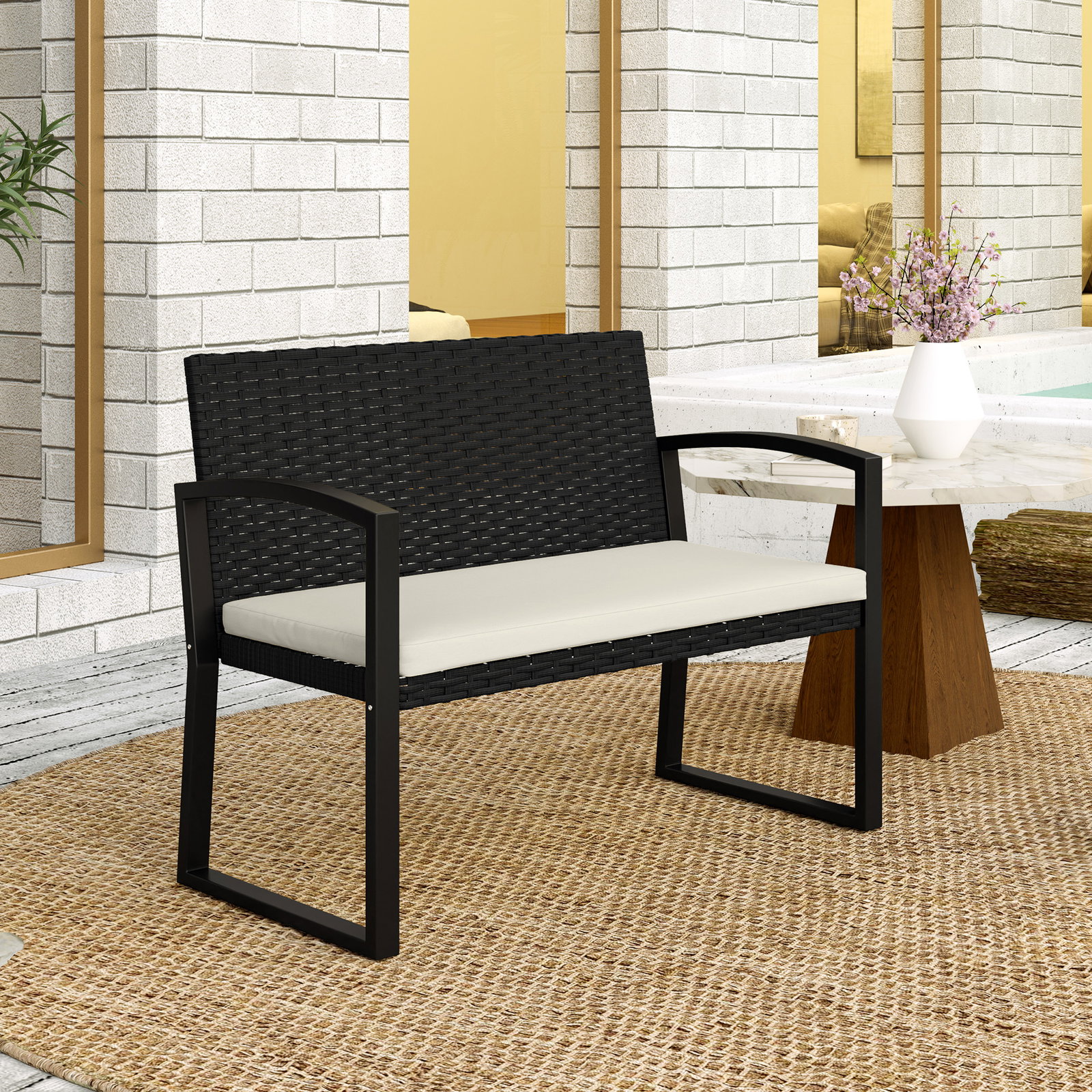Banco de jardim em vime sintético de 2 lugares banco de exterior com almofada 103x58x78 cm preto e bege
