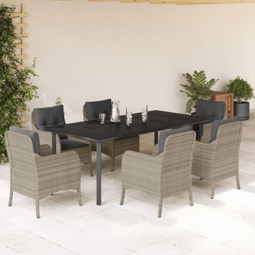 7 Pcs conj. jantar p/ jardim c/ almofadões vime PE cinza-claro