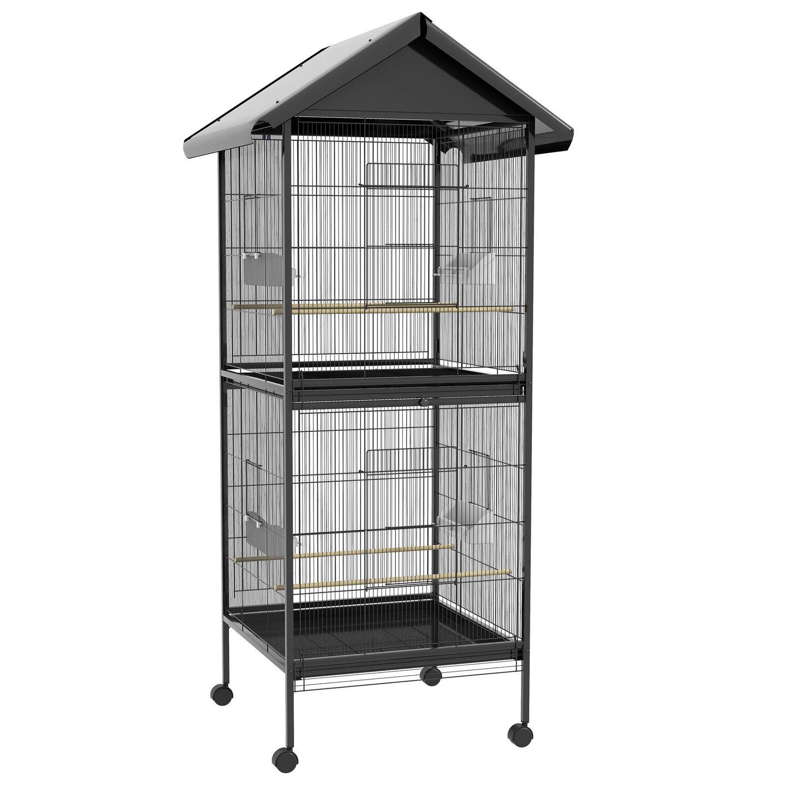 Gaiola para pássaros convertível em somente uma com rodas 4 comedouros e 4 poleiros e bandejas amovíveis 78x75x168 cm preto