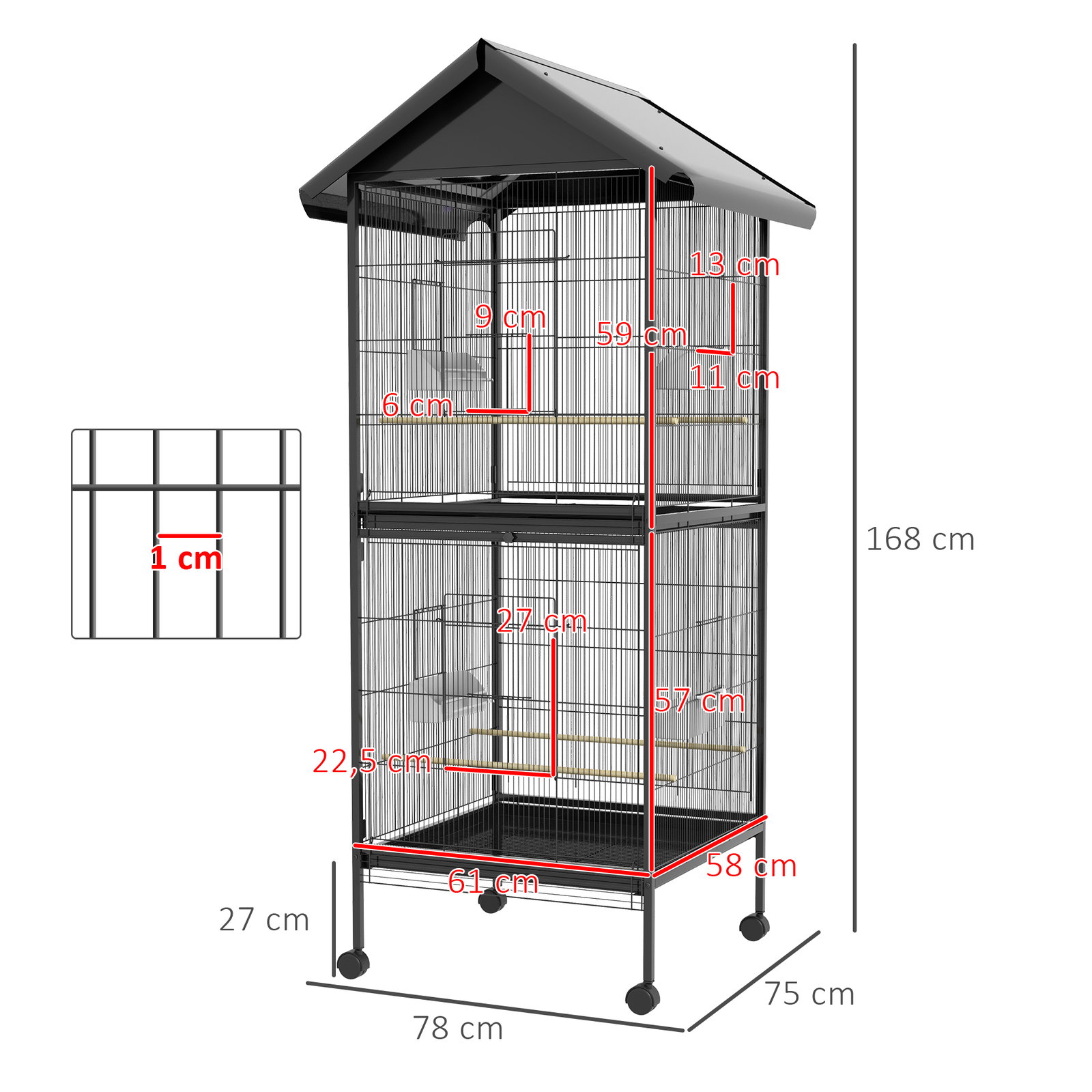 Gaiola para pássaros convertível em somente uma com rodas 4 comedouros e 4 poleiros e bandejas amovíveis 78x75x168 cm preto