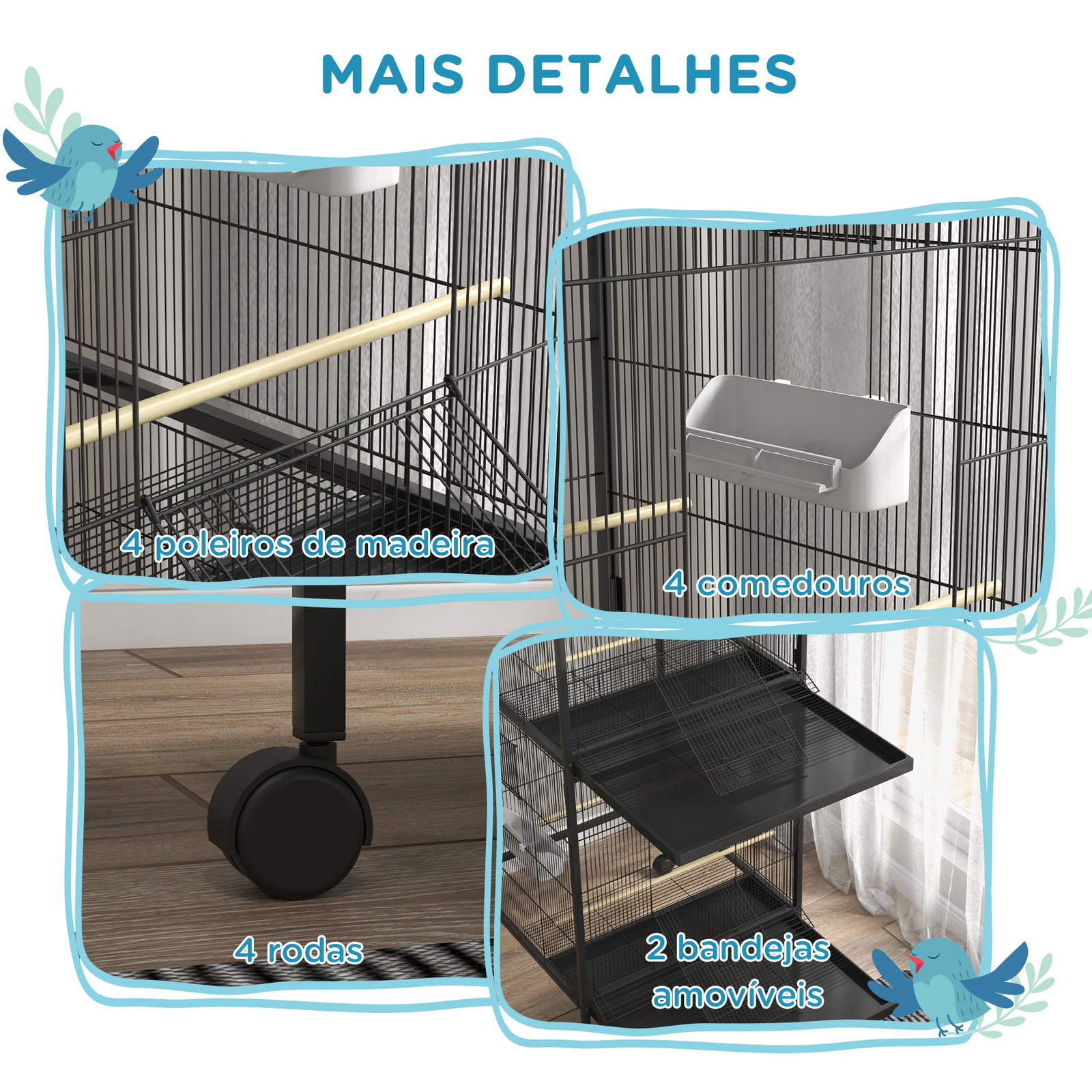 Gaiola para pássaros convertível em somente uma com rodas 4 comedouros e 4 poleiros e bandejas amovíveis 78x75x168 cm preto