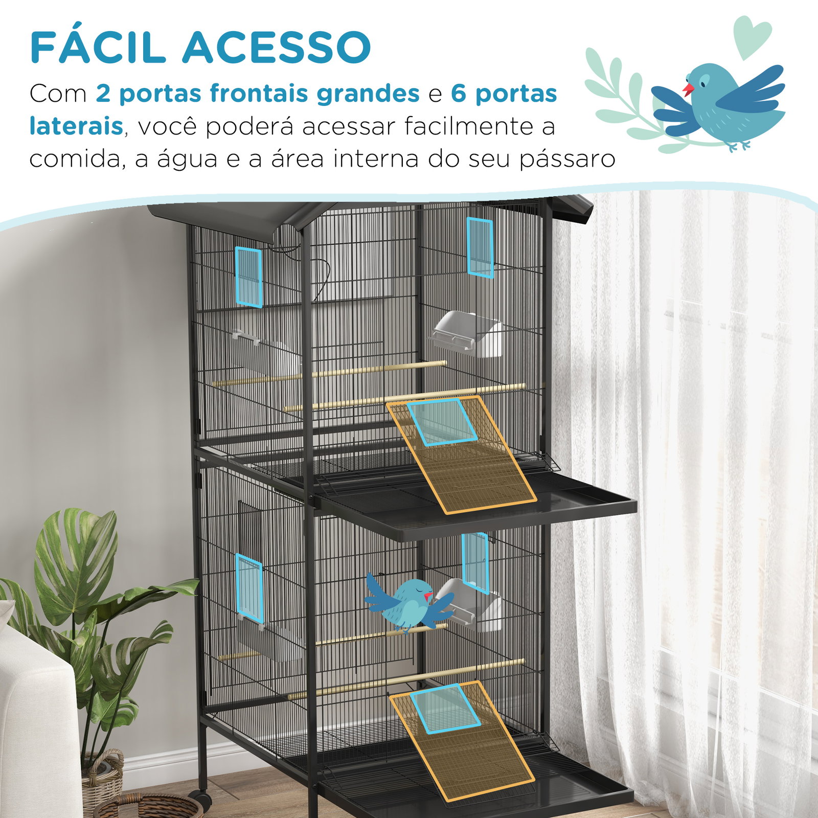 Gaiola para pássaros convertível em somente uma com rodas 4 comedouros e 4 poleiros e bandejas amovíveis 78x75x168 cm preto