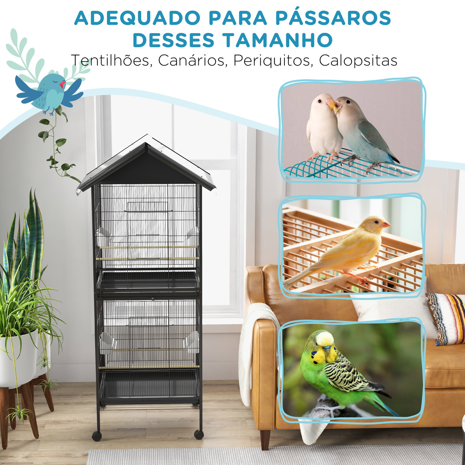 Gaiola para pássaros convertível em somente uma com rodas 4 comedouros e 4 poleiros e bandejas amovíveis 78x75x168 cm preto