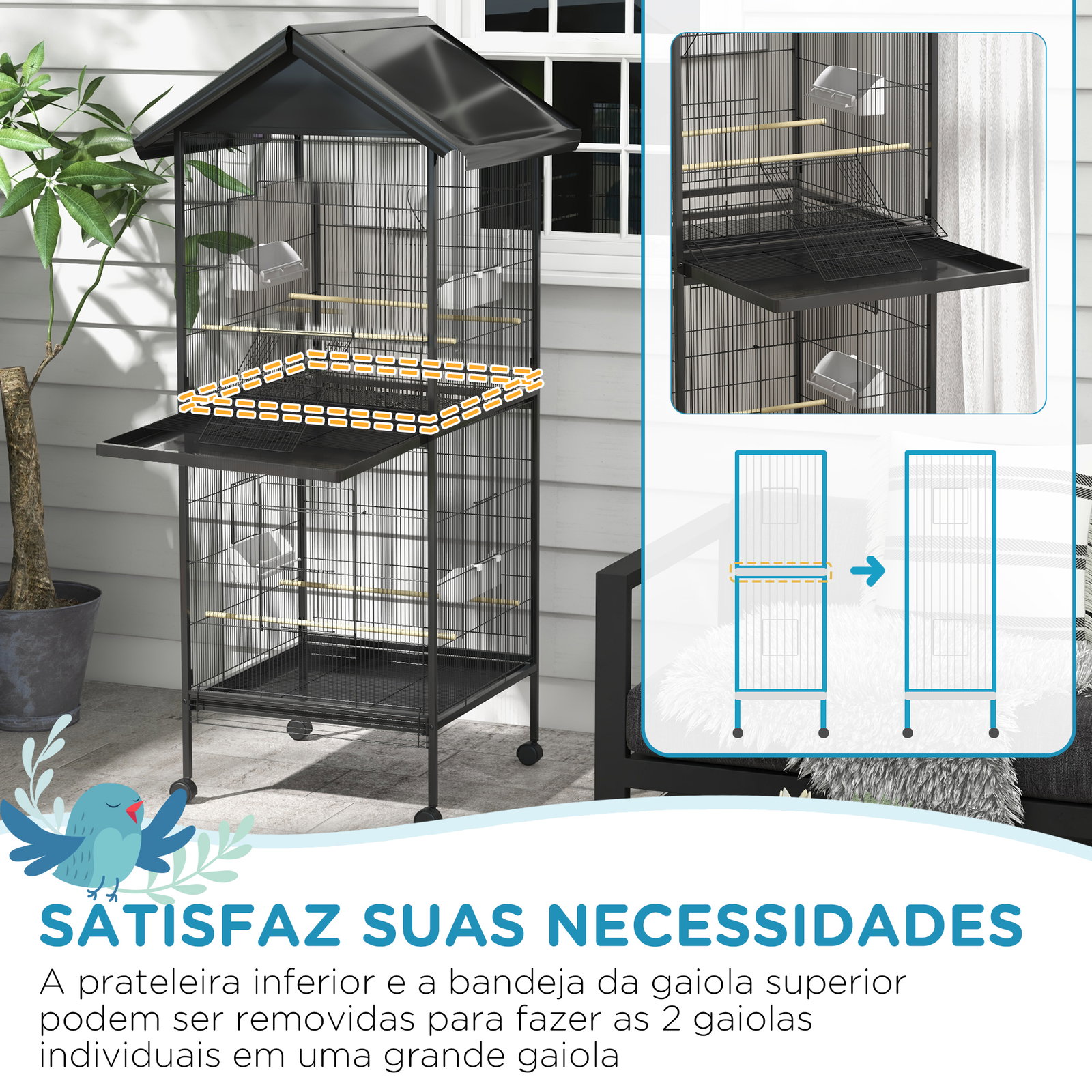 Gaiola para pássaros convertível em somente uma com rodas 4 comedouros e 4 poleiros e bandejas amovíveis 78x75x168 cm preto