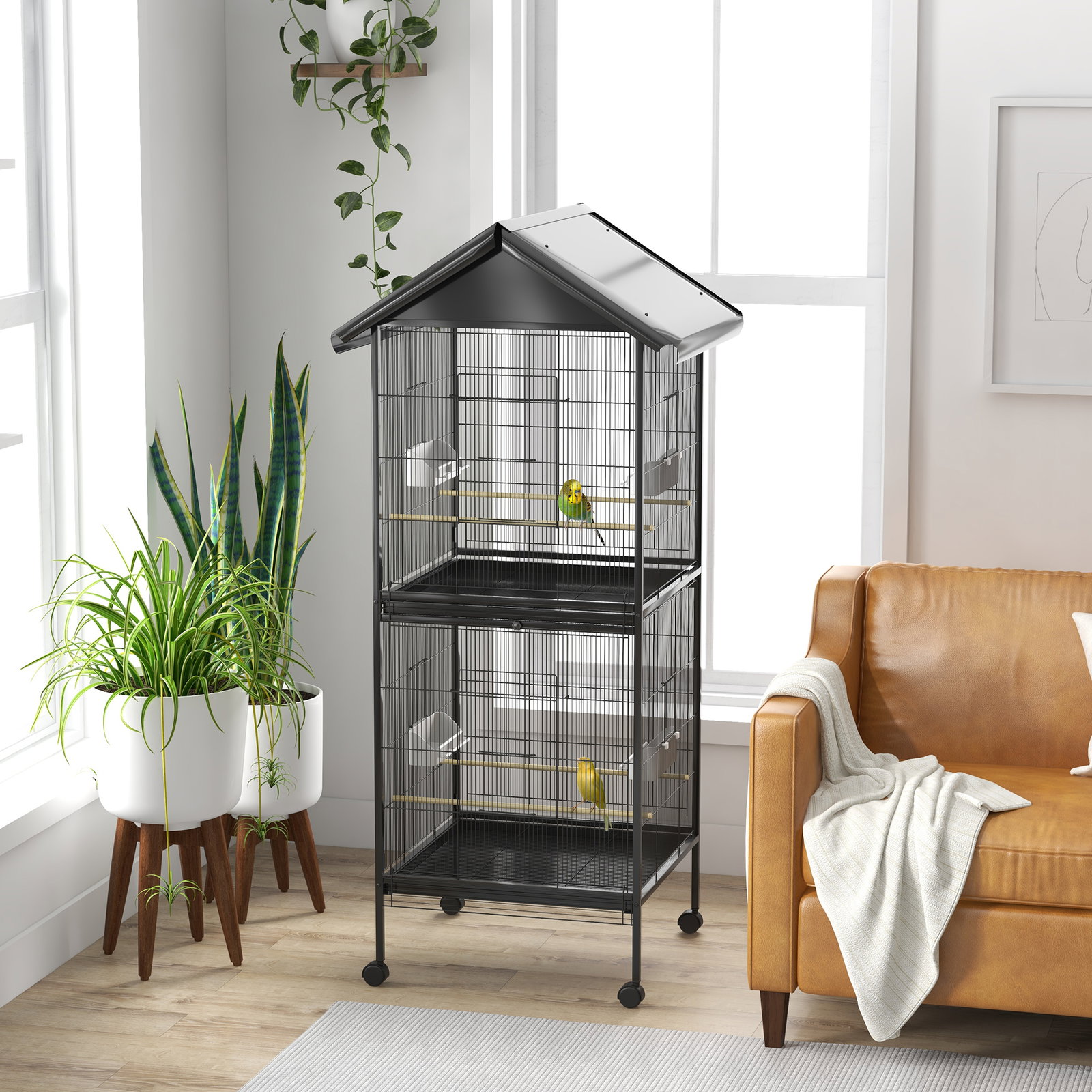 Gaiola para pássaros convertível em somente uma com rodas 4 comedouros e 4 poleiros e bandejas amovíveis 78x75x168 cm preto
