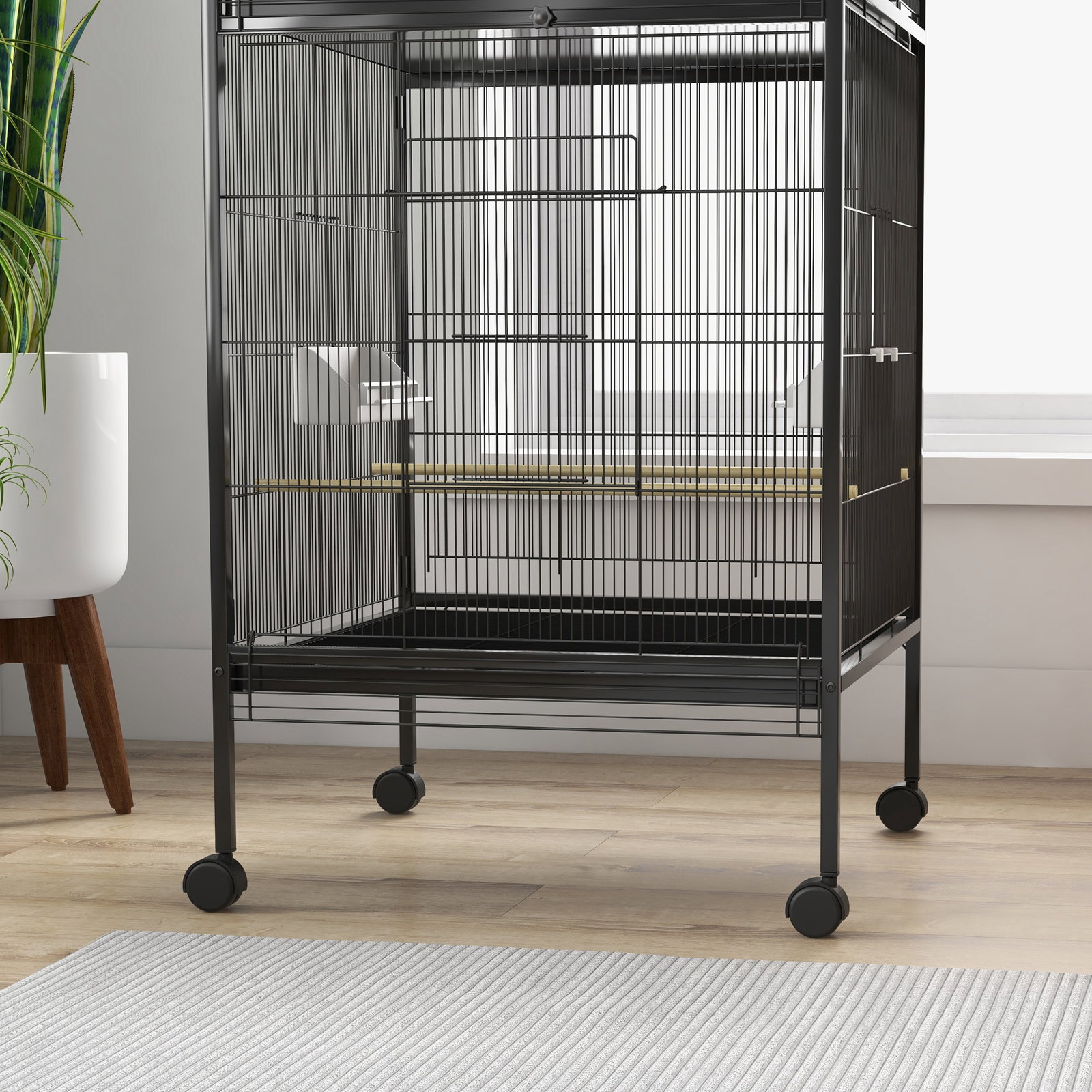 Gaiola para pássaros convertível em somente uma com rodas 4 comedouros e 4 poleiros e bandejas amovíveis 78x75x168 cm preto